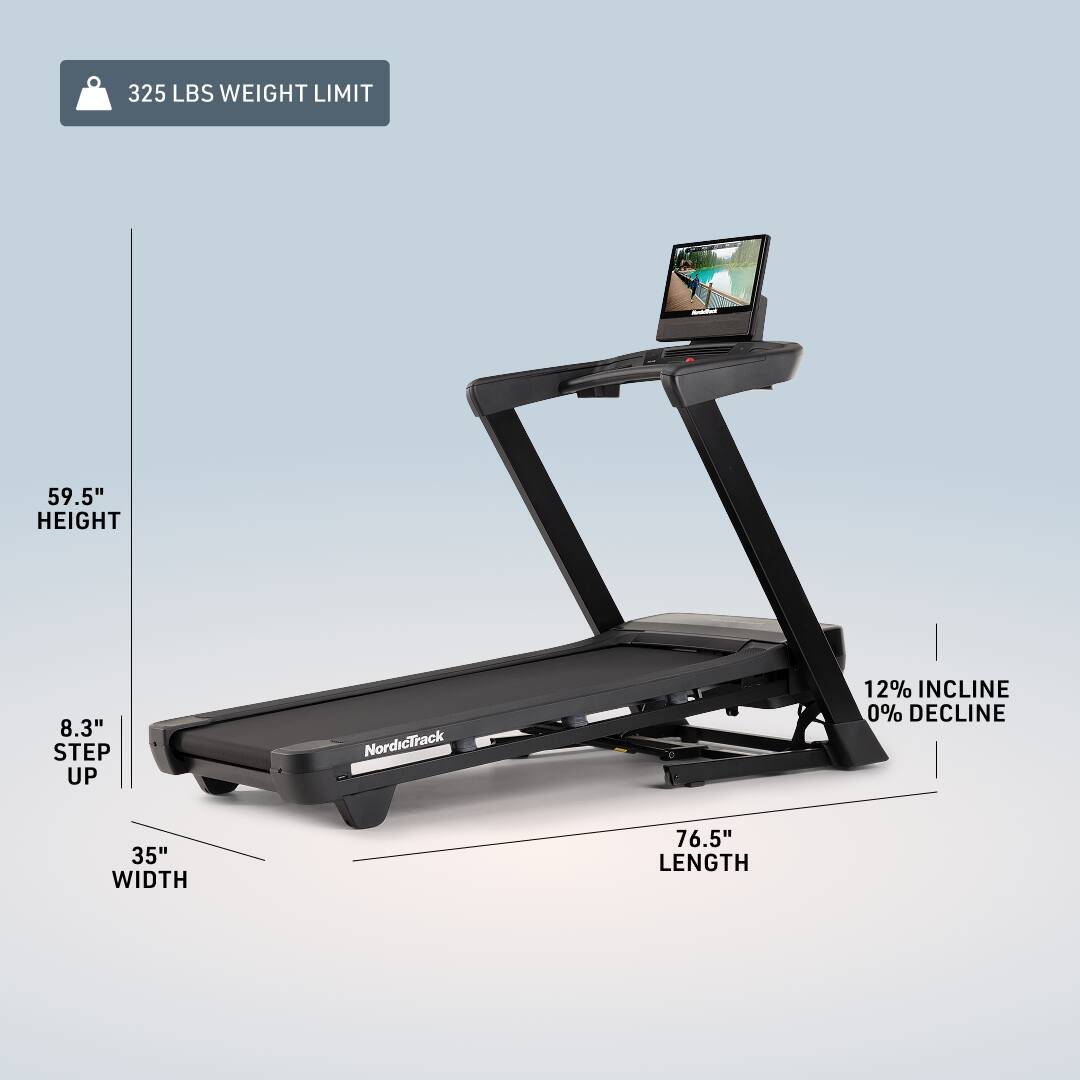 325 LBS WEIGHT LIMIT  
59.5" HEIGHT  
8.3" STEP UP  
NordicTrack  
12% INCLINE  
0% DECLINE  
35" WIDTH  
76.5" LENGTH