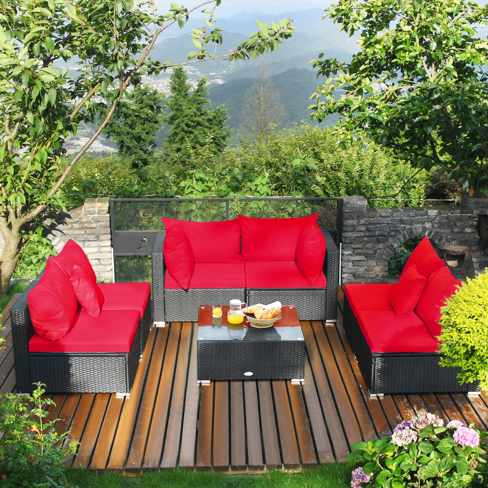 Alt View 3. Costway - Costway 7PCS Patio Wicker Sofa Set Sectional Conversation Furniture Set Garden - Red.