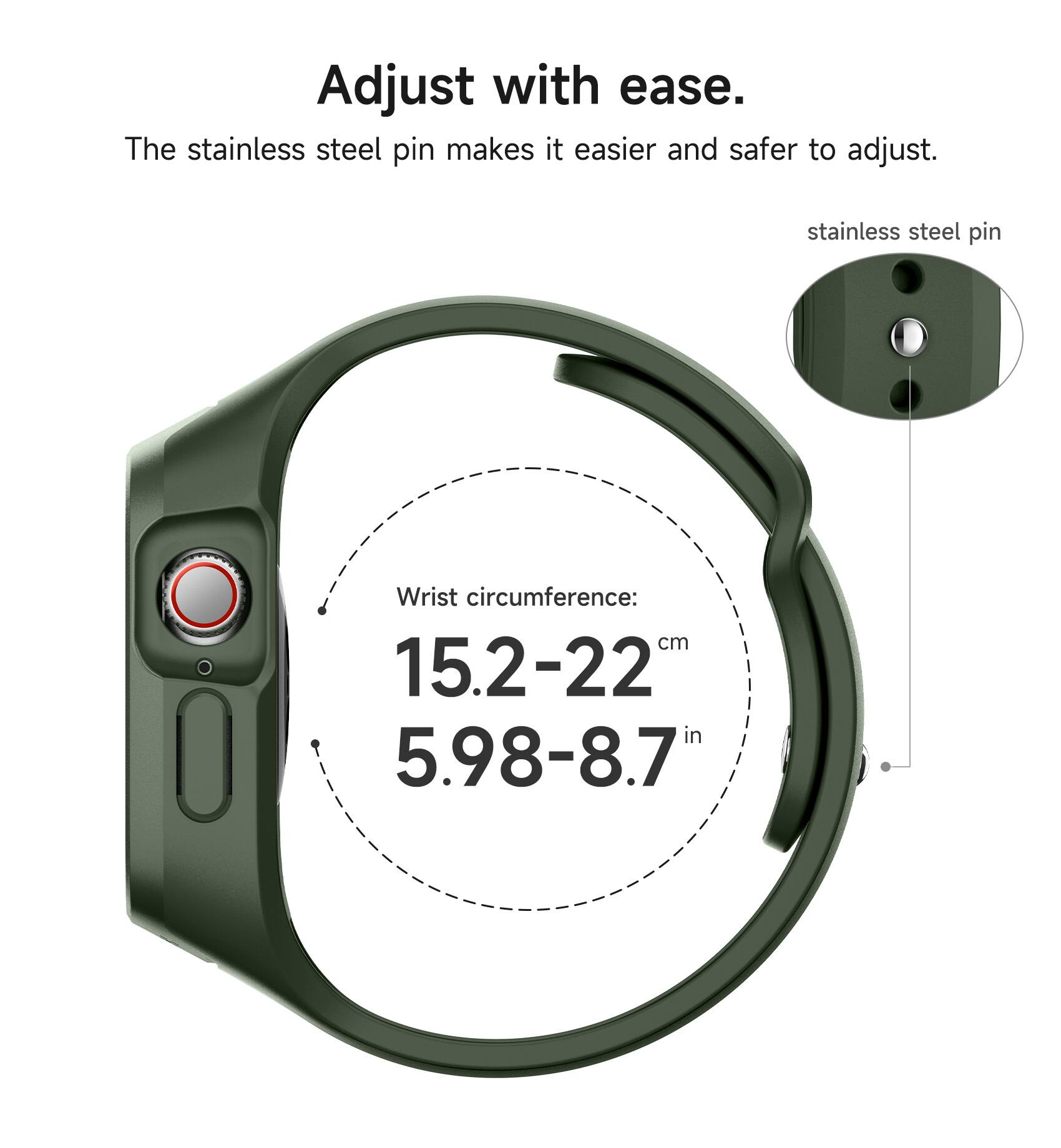 Adjust with ease. The stainless steel pin makes it easier and safer to adjust. stainless steel pin Wrist circumference: cm 15.2-22 in 5.98-8.7