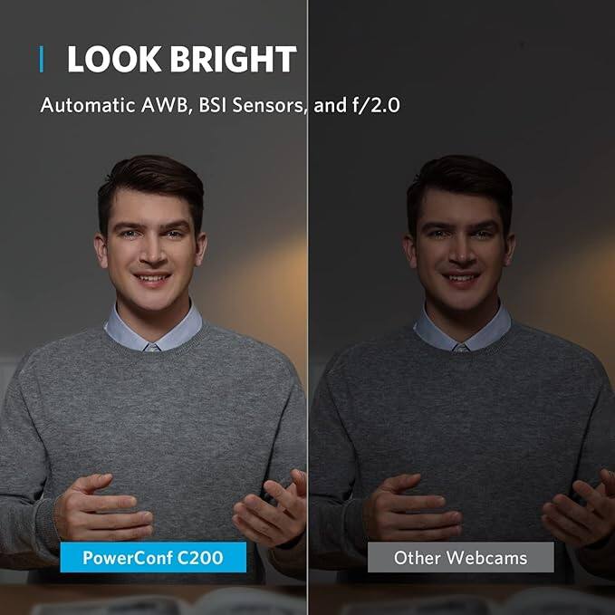 I LOOK BRIGHT  
Automatic AWB, BSI Sensors, and f/2.0  

PowerConf C200  
Other Webcams