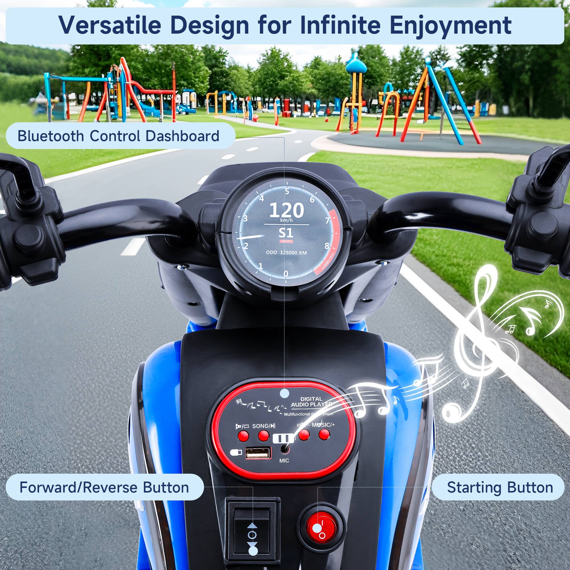 Versatile Design for Infinite Enjoyment

Bluetooth Control Dashboard

120 km/h
S1
ODO 125000 KM

DIGITAL AUDIO PLAYER
Music/+
MIC

Forward/Reverse Button

Starting Button