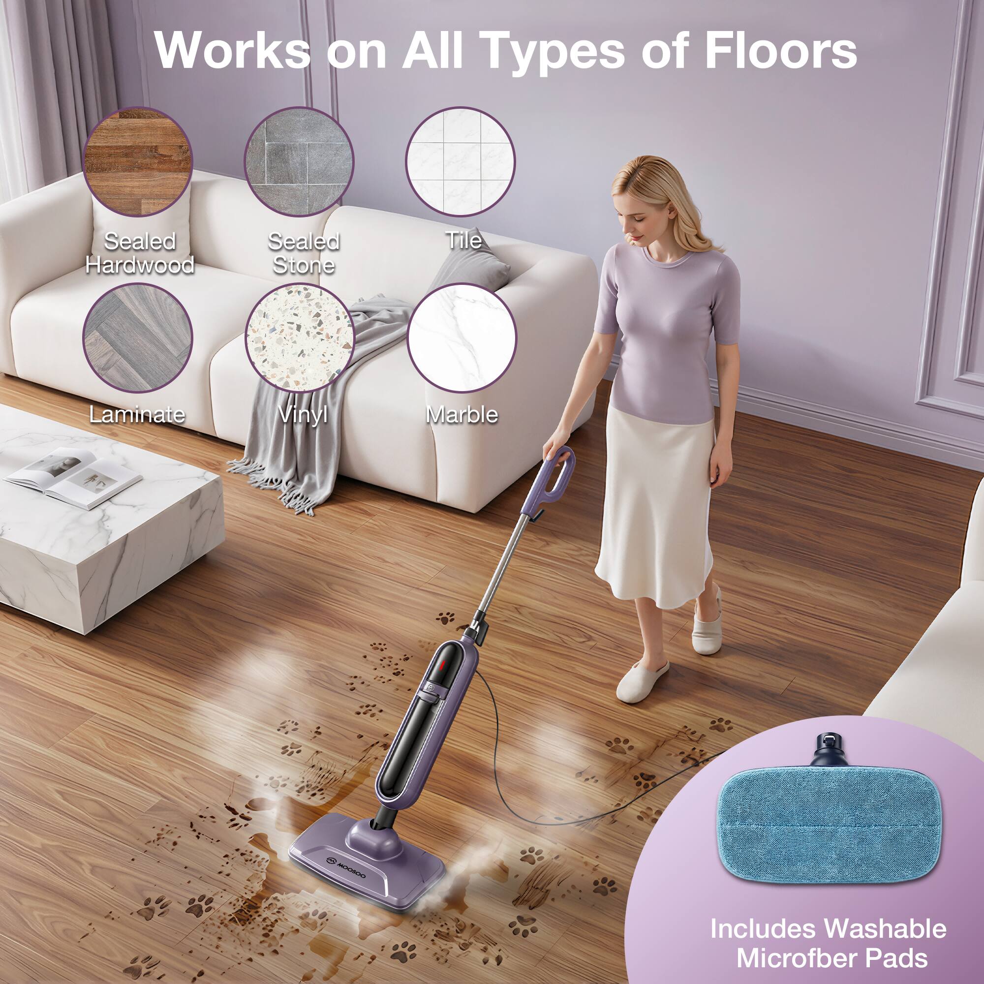 Works on All Types of Floors  
Sealed Hardwood  
Sealed Stone  
Tile  
Laminate  
Vinyl  
Marble  

Includes Washable Microfiber Pads