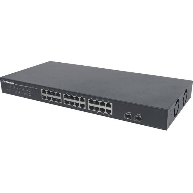 Front. Intellinet - 24-Port Gigabit Ethernet Switch with 2 SFP Ports, 24 x 10/100/1000 Mbps RJ45 Ports + 2 x SFP, IEEE 802.3az (Energy - Unknown.