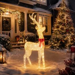Costway - Lighted Golden Christmas Reindeer with 130 Warm Yellow LED Lights, 4 Ground Stakes - Gold + Red