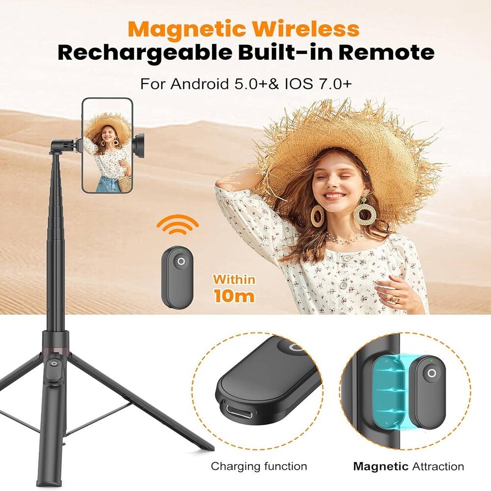 Magnetic Wireless Rechargeable Built-in Remote  
For Android 5.0+ & iOS 7.0+  

Within 10m  

Charging function  
Magnetic Attraction