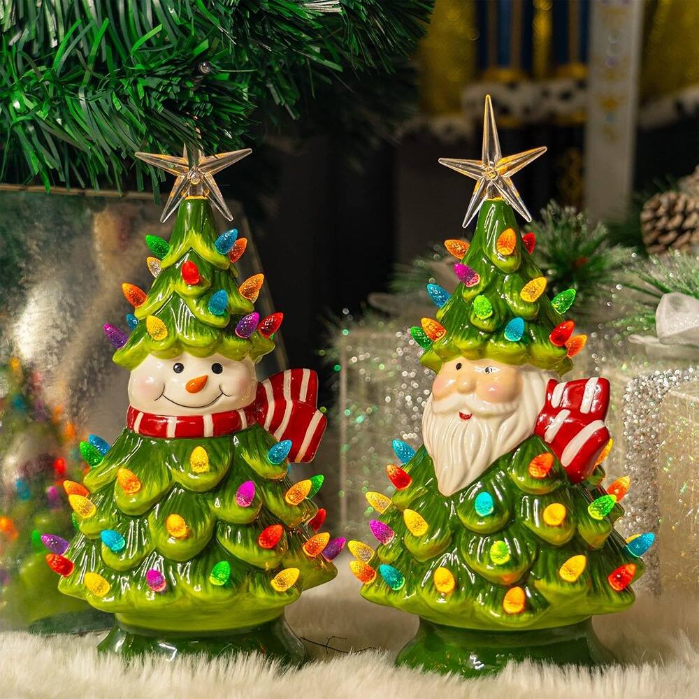 Back. RTMB - Mini Ceramic Christmas Tree, 11" Pre-Lit Battery Operated Tabletop Tree with Snowman Ornaments and 50 Multicolored Light - Multicolored.