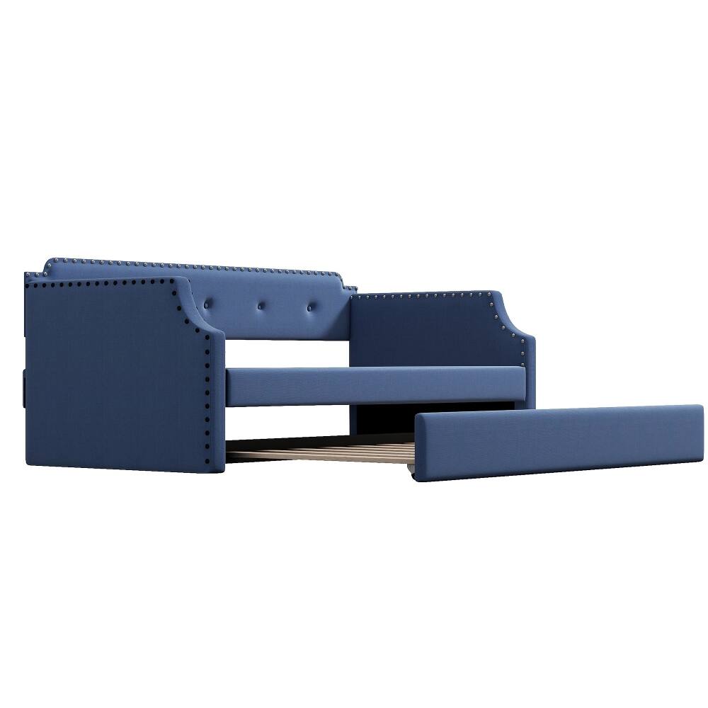 Alt View 6. Loheer - Loheer Twin Upholstered Daybed with Trundle Blue Linen Sofa Bed - Blue.
