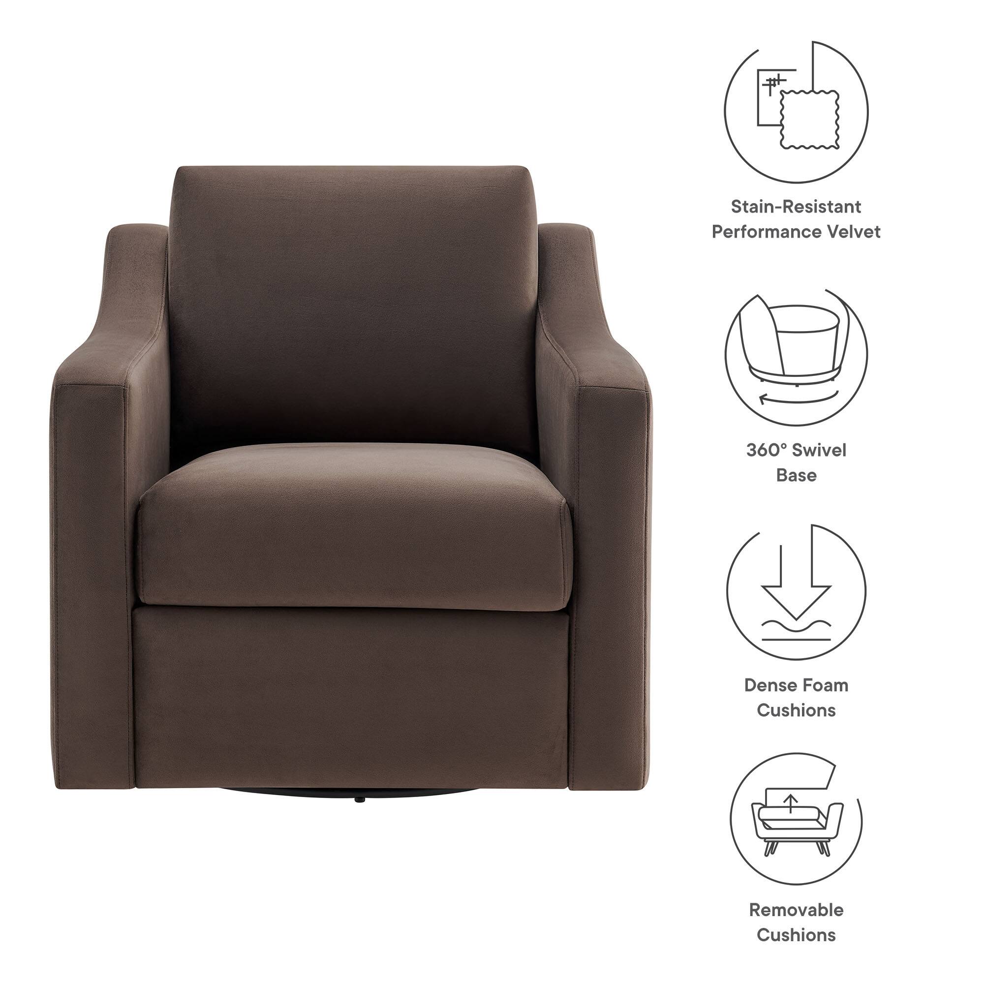 - Stain-Resistant Performance Velvet
- 360° Swivel Base
- Dense Foam Cushions
- Removable Cushions