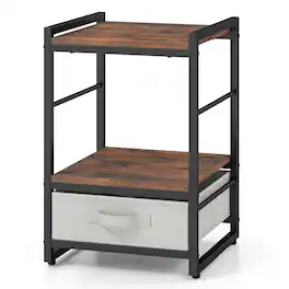 WELLFOR - Industrial Nightstand with Open Storage Shelf and Fabric Drawer - Rustic Brown