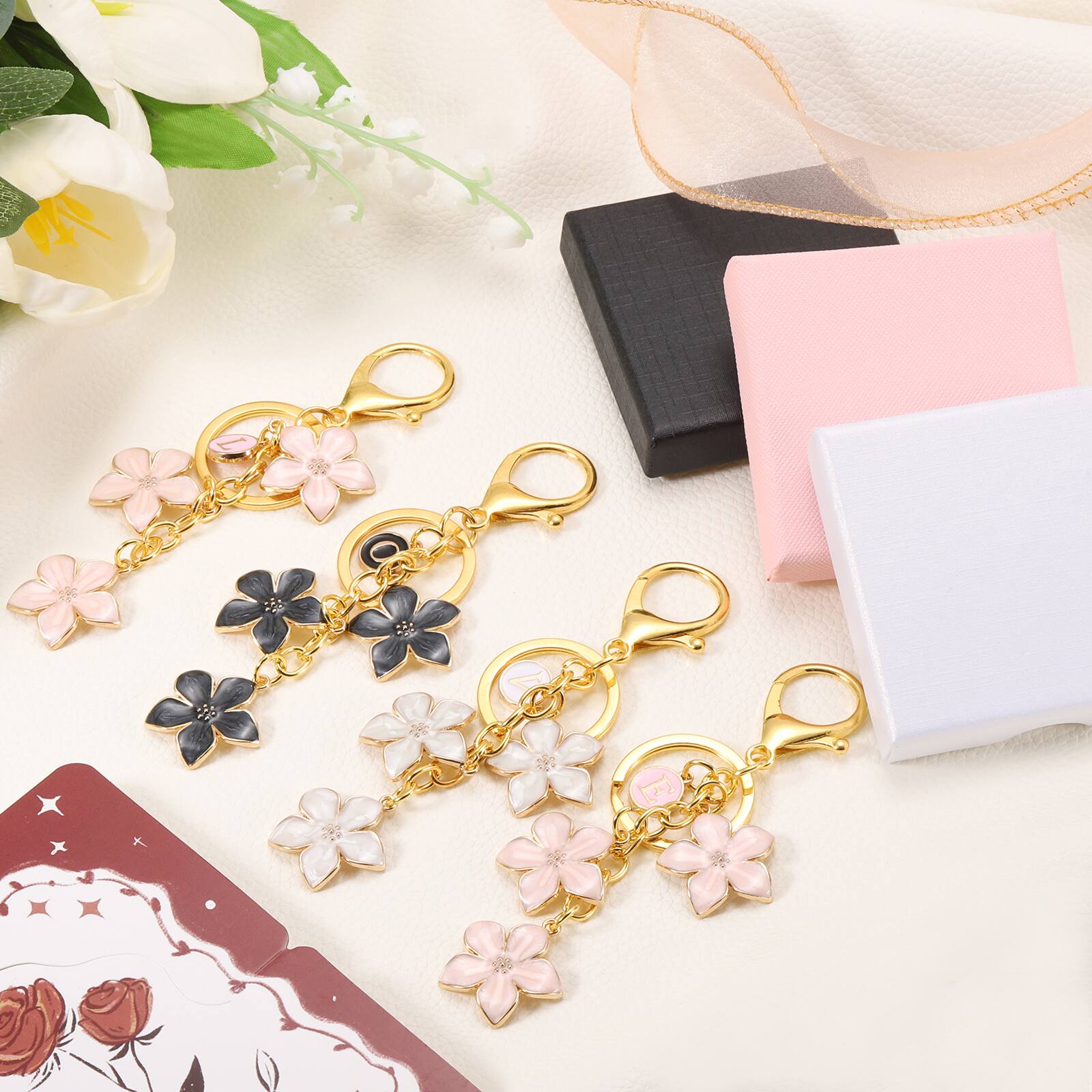 Alt View 3. Unique Bargains - Initial Letter Flower Keychain, Alphabet I Drip Oil Cherry Blossom Keyring, Bag/Purse Charm for Birthdays, Christmas - Pink.