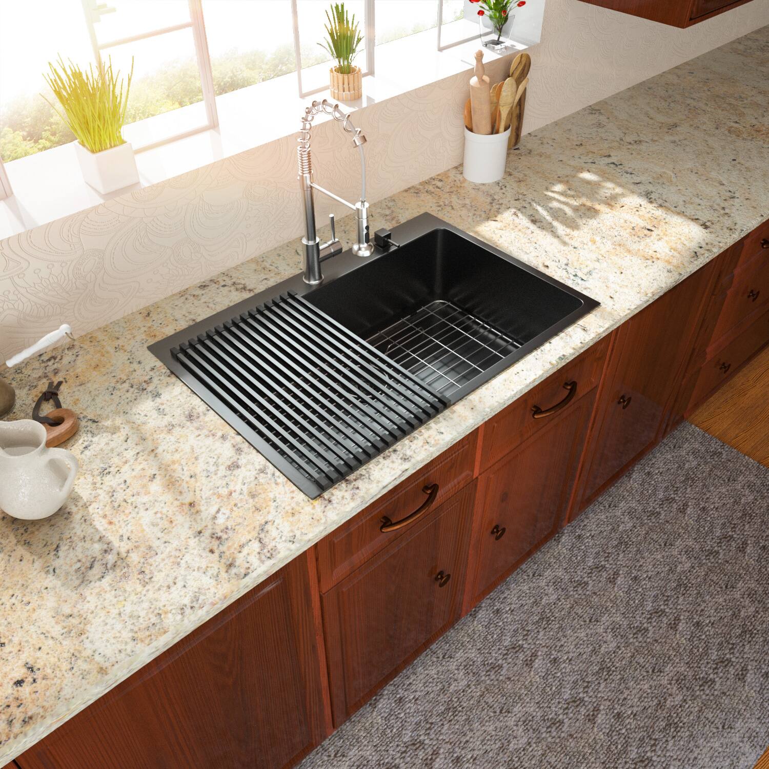 Left. Lordear - 28"x22"x10" Topmount Gunmetal Black Sinks 16 Gauge Single Bowl Stainless Steel Kitchen Sink - Stainless steel.