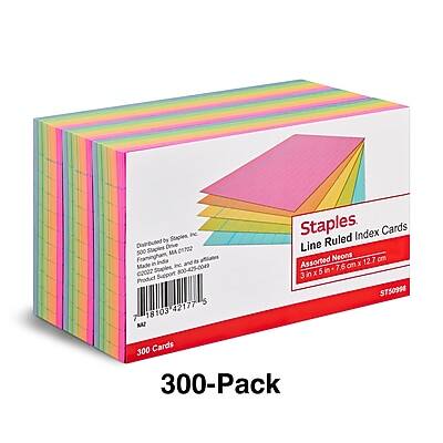 Staples  
Distributed by Staples Inc.  
MA Framingham, MA 01702  
Made in India  
Product 5 42177 7 18103 NAT  
Staples Inc. ©2022  
Support 800-425-0049  

Line Ruled Index Cards  
Assorted Neons  
12.7 cm x 7.6 cm (5 in x 3 in)  
300 Cards  
300-Pack  

ST50998