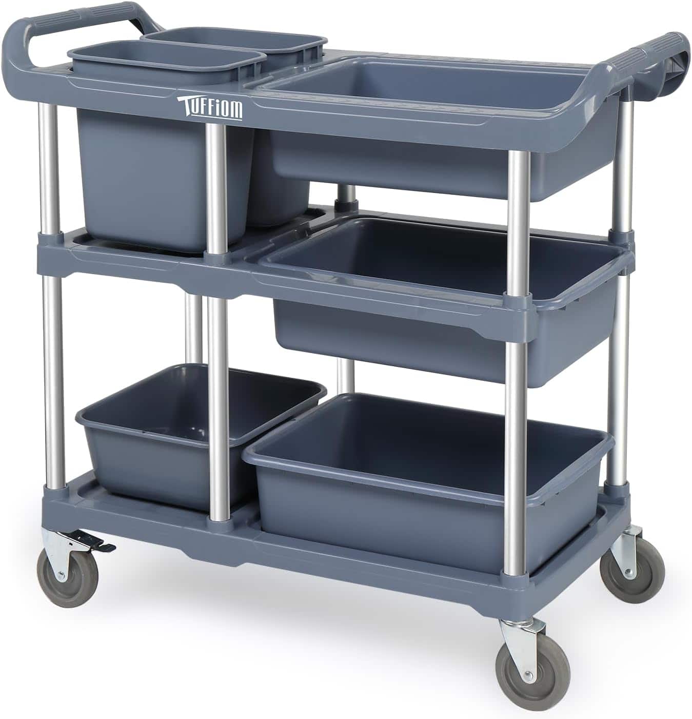 Winado - Heavy Duty 3 Shelf Utility Cart Service Cart with Wheels, Large Storage Space, Ergonmic Handle for Hotel and Restaurant - Gray