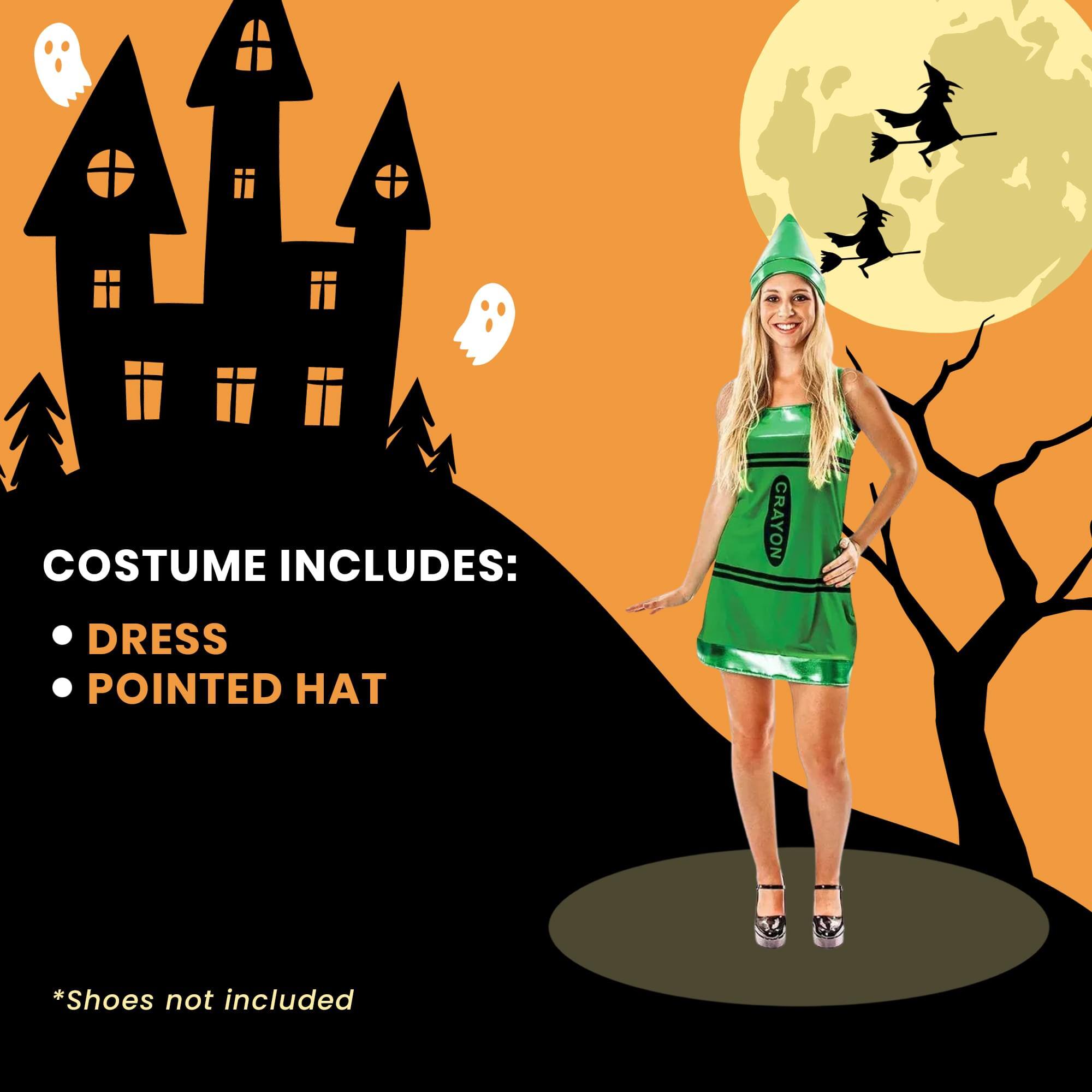 COSTUME INCLUDES:  
- DRESS  
- POINTED HAT  

*Shoes not included