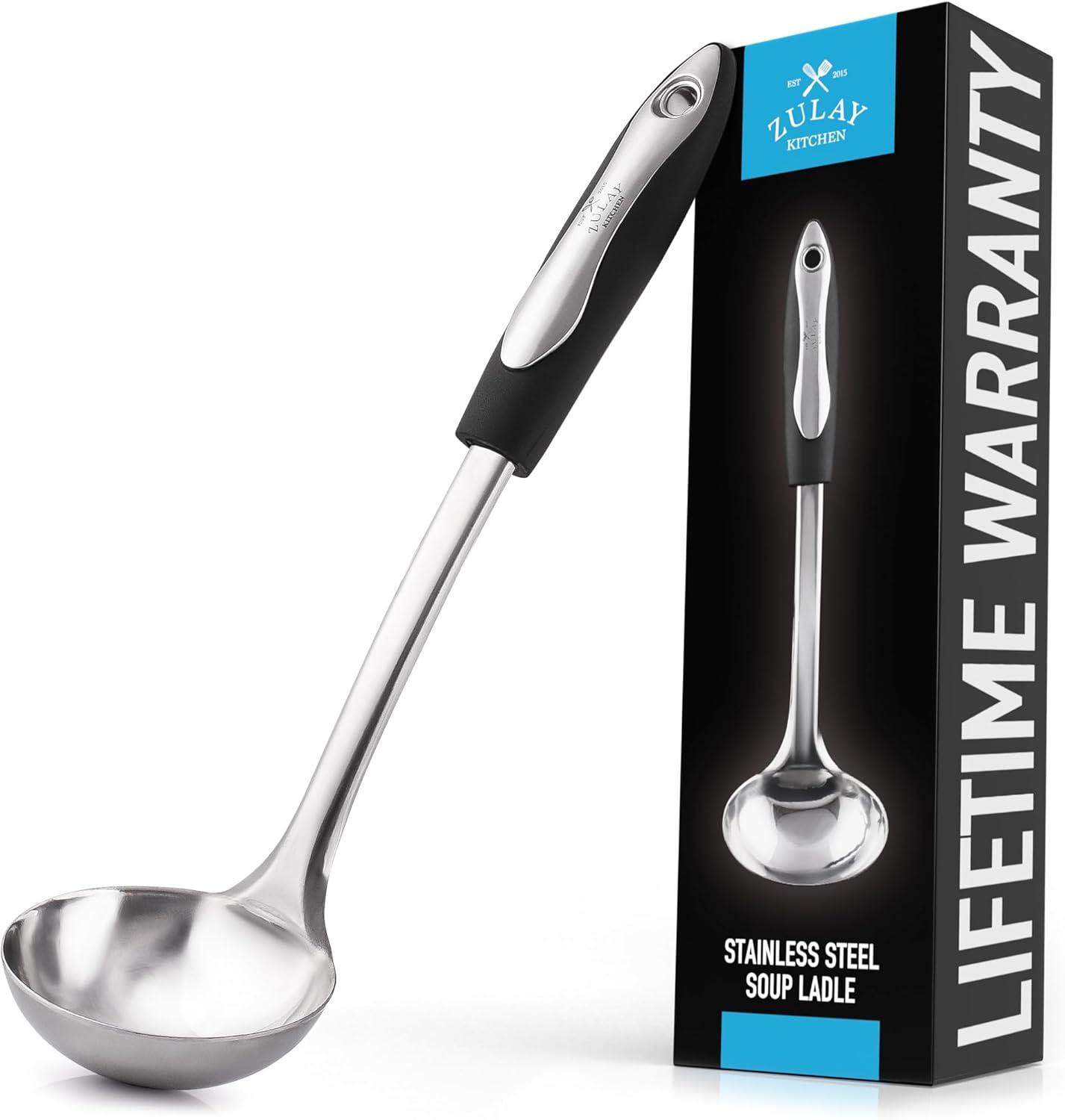 Zulay Kitchen - Premium Soup Ladle – 12" Stainless Steel with Non-slip Silicone Handle - Black