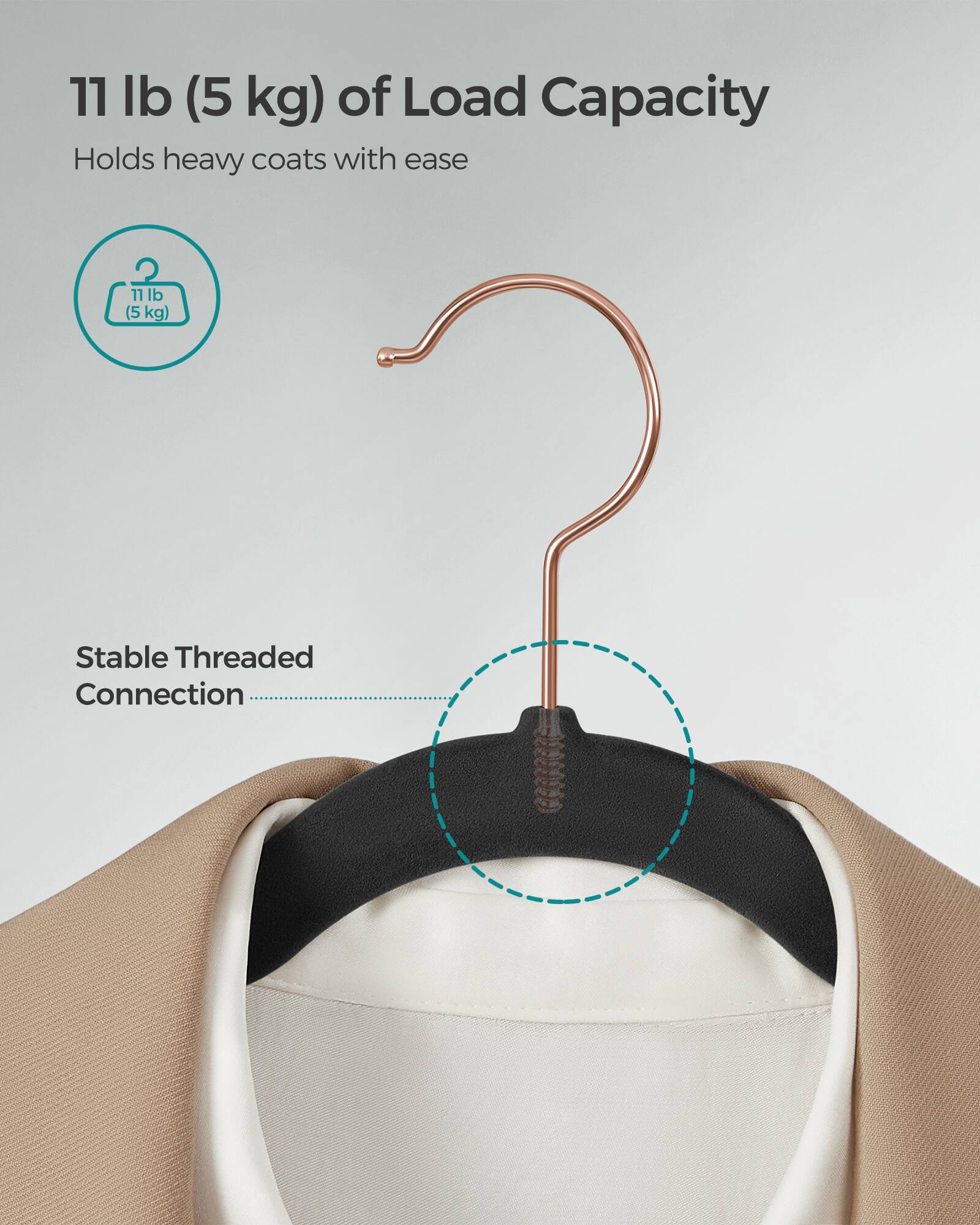 11 lb (5 kg) of Load Capacity  
Holds heavy coats with ease  

2. 11 lb (5 kg)  

Stable Threaded Connection
