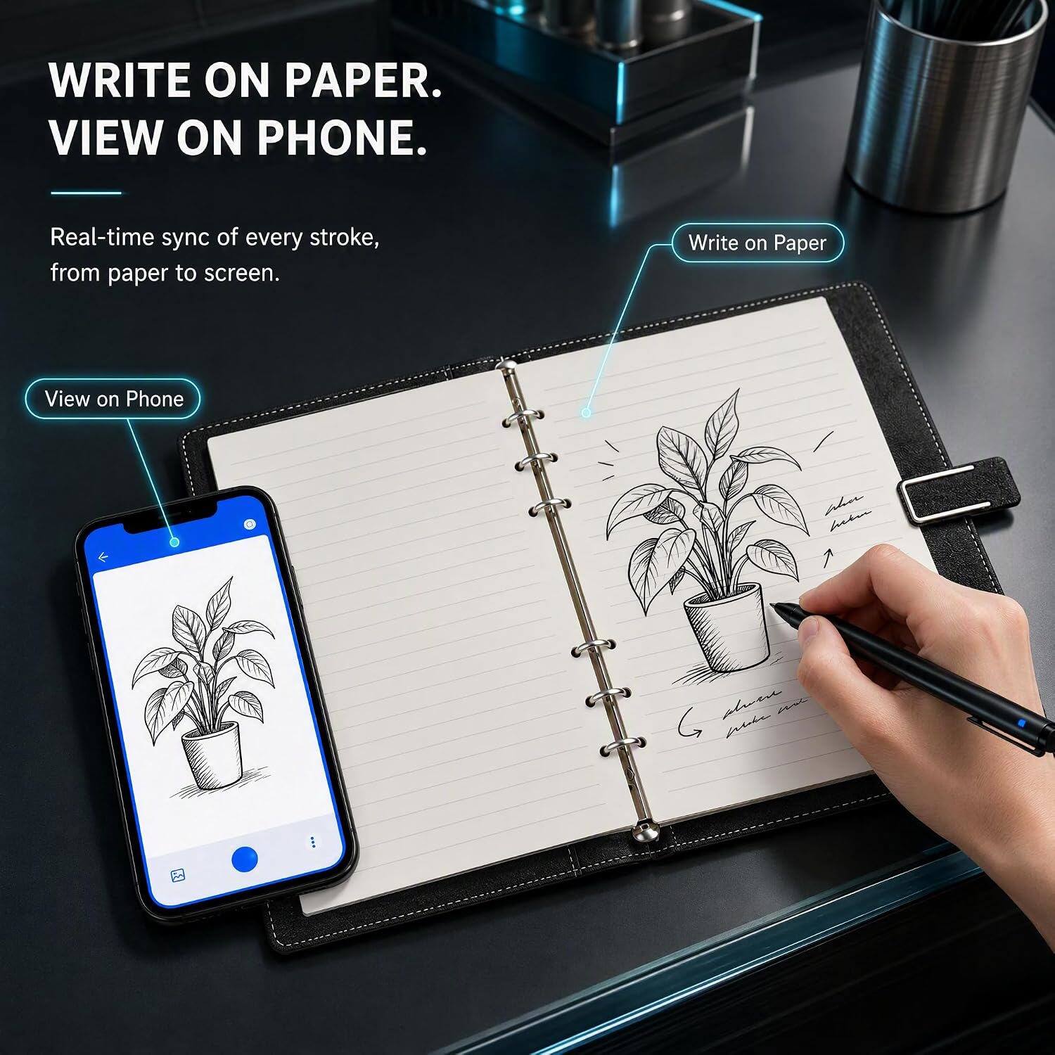 WRITE ON PAPER.  
VIEW ON PHONE.  

Real-time sync of every stroke, from paper to screen.  

Write on Paper  
View on Phone  

showers Weber www.