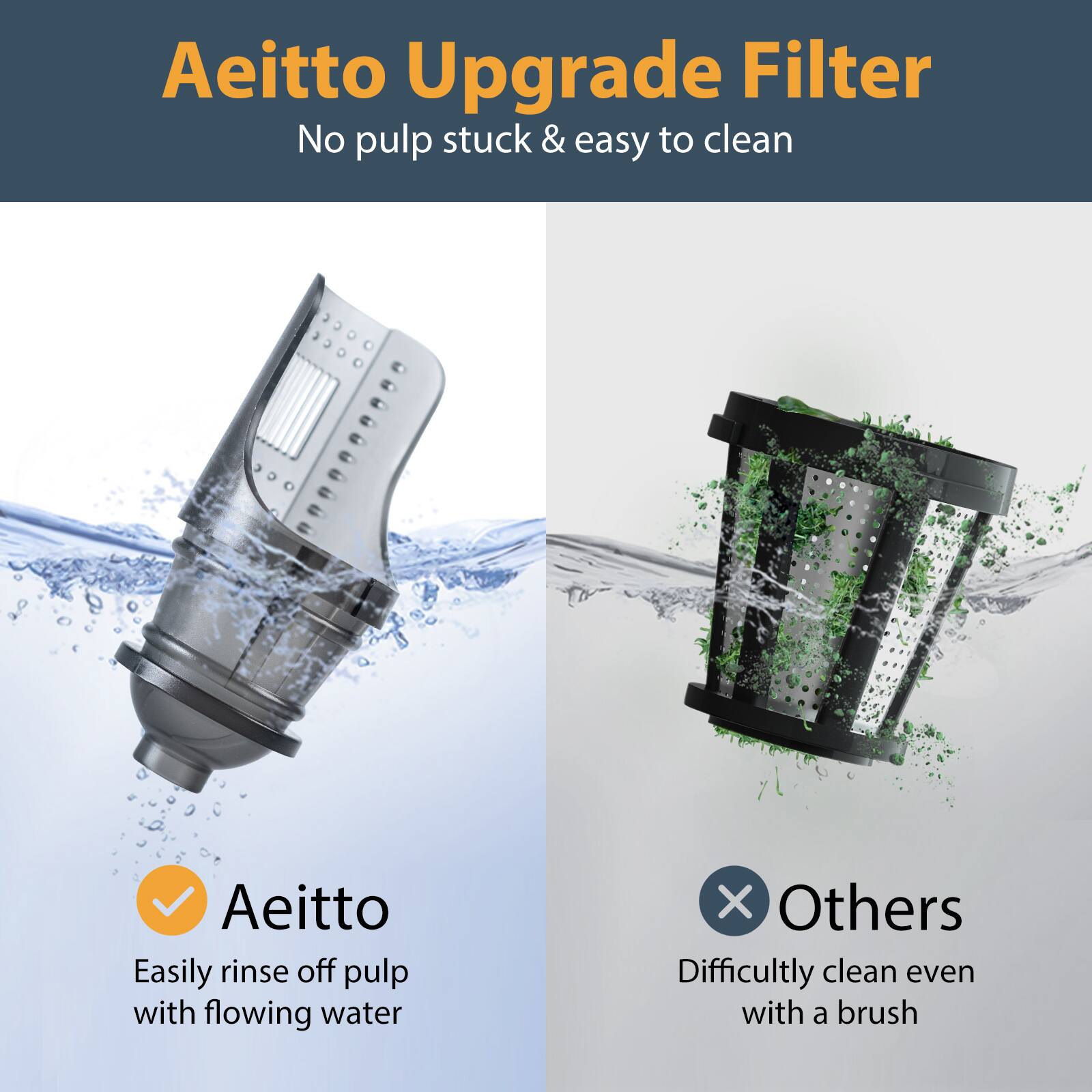 Aeitto Upgrade Filter: No pulp stuck & easy to clean. Aeitto: Easily rinse off pulp with flowing water. Others: Difficultly clean even with a brush.