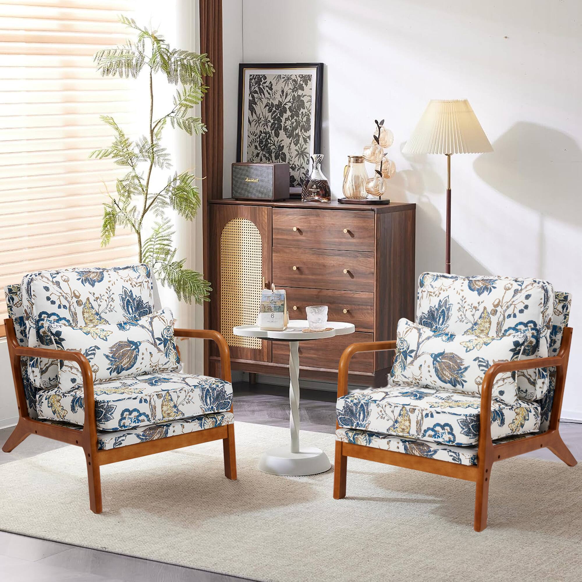 Front. U-HOMY - 【Set of 2】Mid-Century Modern Accent Chairs - Solid Wood Armchairs with Cushion for Living Room, Bedroom  - Blue.