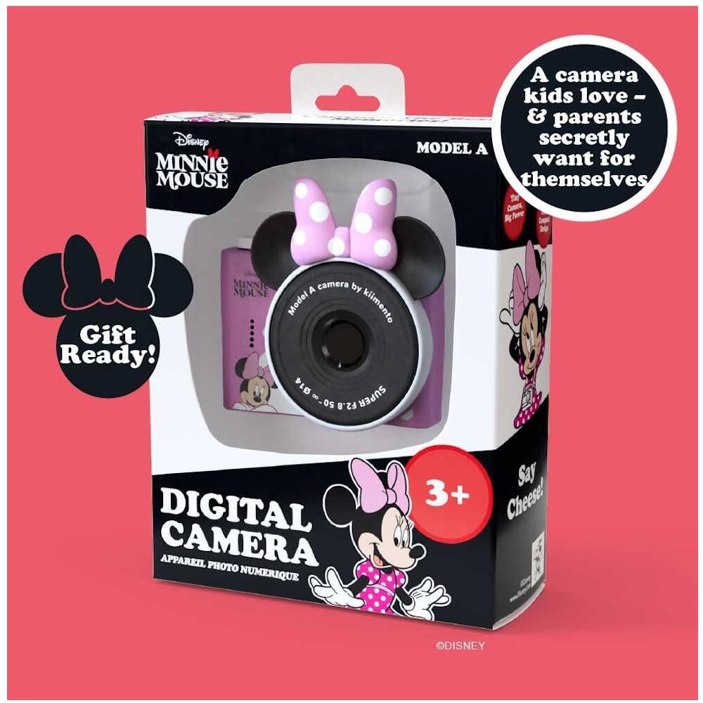 Disney Minnie Mouse  
Model A Camera  
by kimetto  

Gift Ready!  

A camera kids love - & parents secretly want for themselves  

Digital Camera  
Appareil Photo Numérique  

Say Cheese!  

3+  

©Disney
