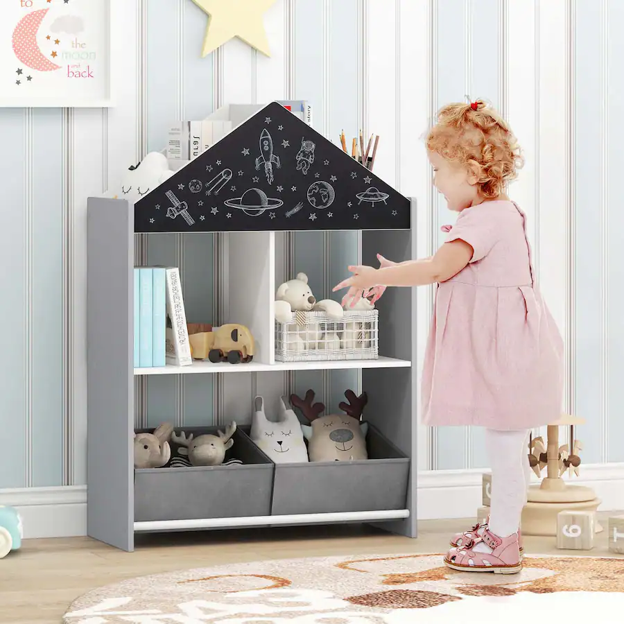 Compartment Drawing Costway Kids Dollhouse Bookshelf with Writable Chalkboard board 4 Top ...