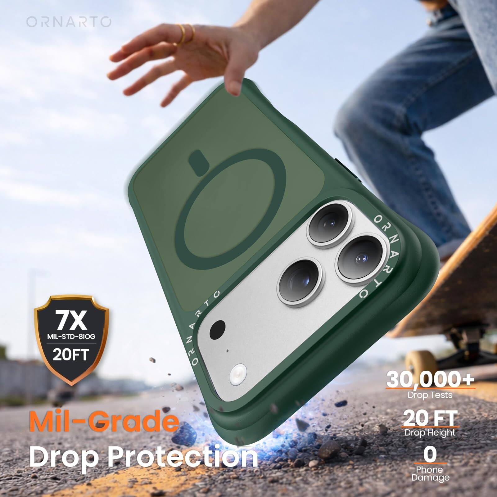 ORNARTO  
7X  
MIL-STD-810G  
20FT  
Mil-Grade Drop Protection  
30,000+ Drop Tests  
20 FT Drop Height  
0 Phone Damage