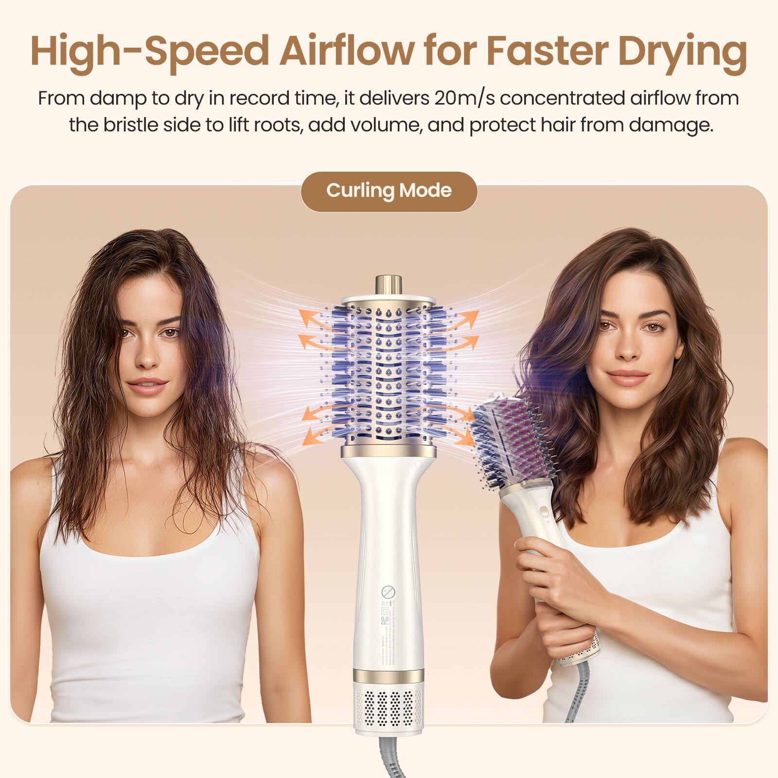 High-Speed Airflow for Faster Drying

From damp to dry in record time, it delivers 20m/s concentrated airflow from the bristle side to lift roots, add volume, and protect hair from damage.

Curling Mode