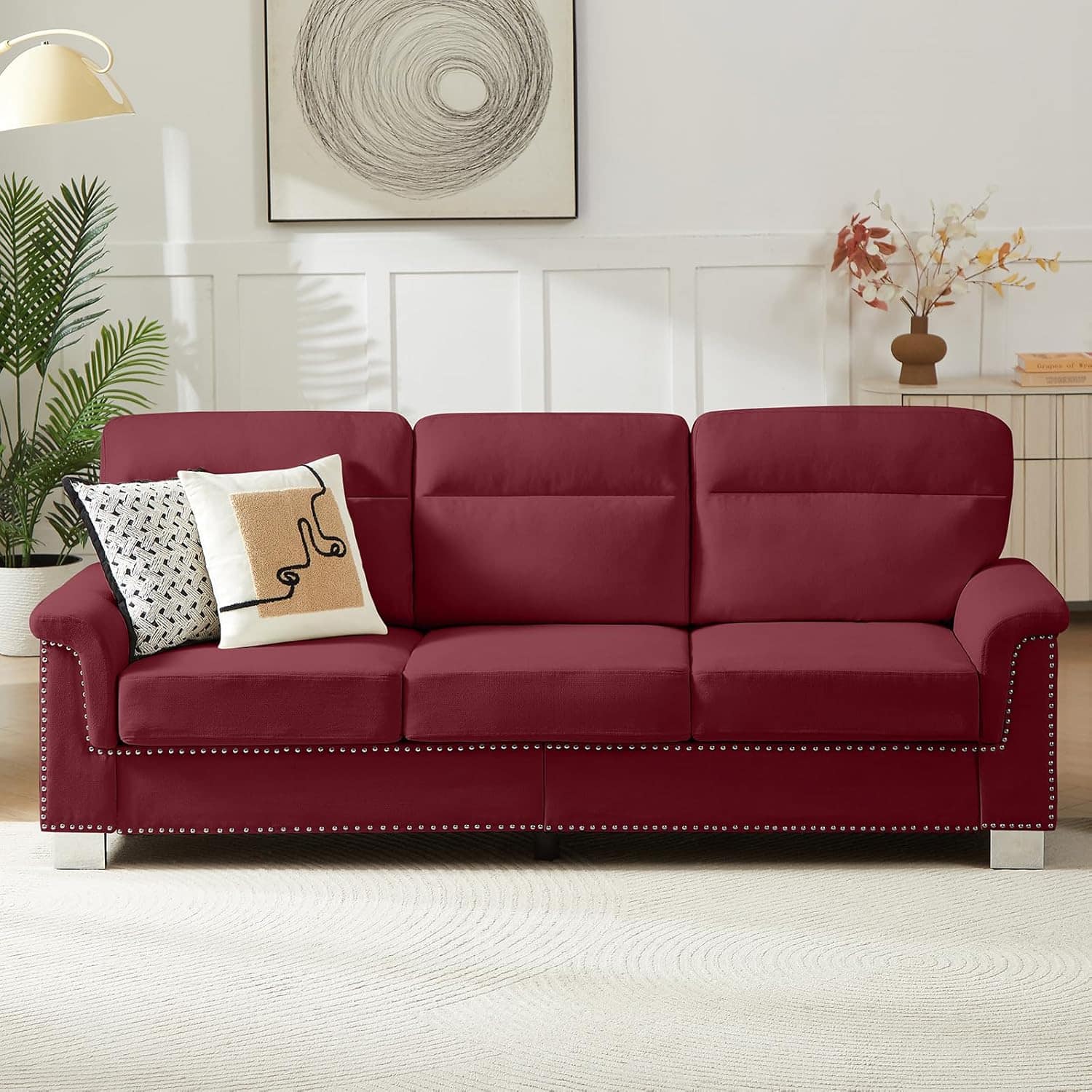 Trinkets Crazed - 82" Modern Compressed Snowfleece Fabric 3-Seater Sofa, for Living Room - Burgundy