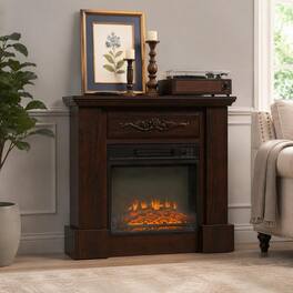 RYHNUYNE - 32-inch Freestanding Electric Fireplace Mantel Unit with Realistic LED Logs, 1400W Heater, Remote Control - Brown