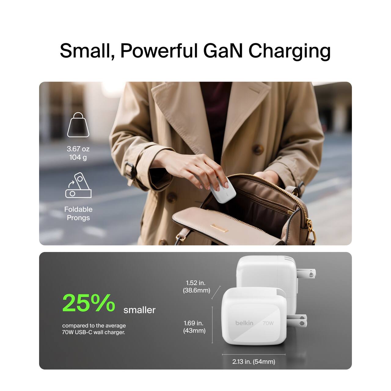Small, Powerful GaN Charging

- 3.67 oz (104 g)
- Foldable Prongs

25% smaller compared to the average 70W USB-C wall charger.

- 1.52 in. (38.6mm) x 1.69 in. (43mm)
- 2.13 in. (54mm)