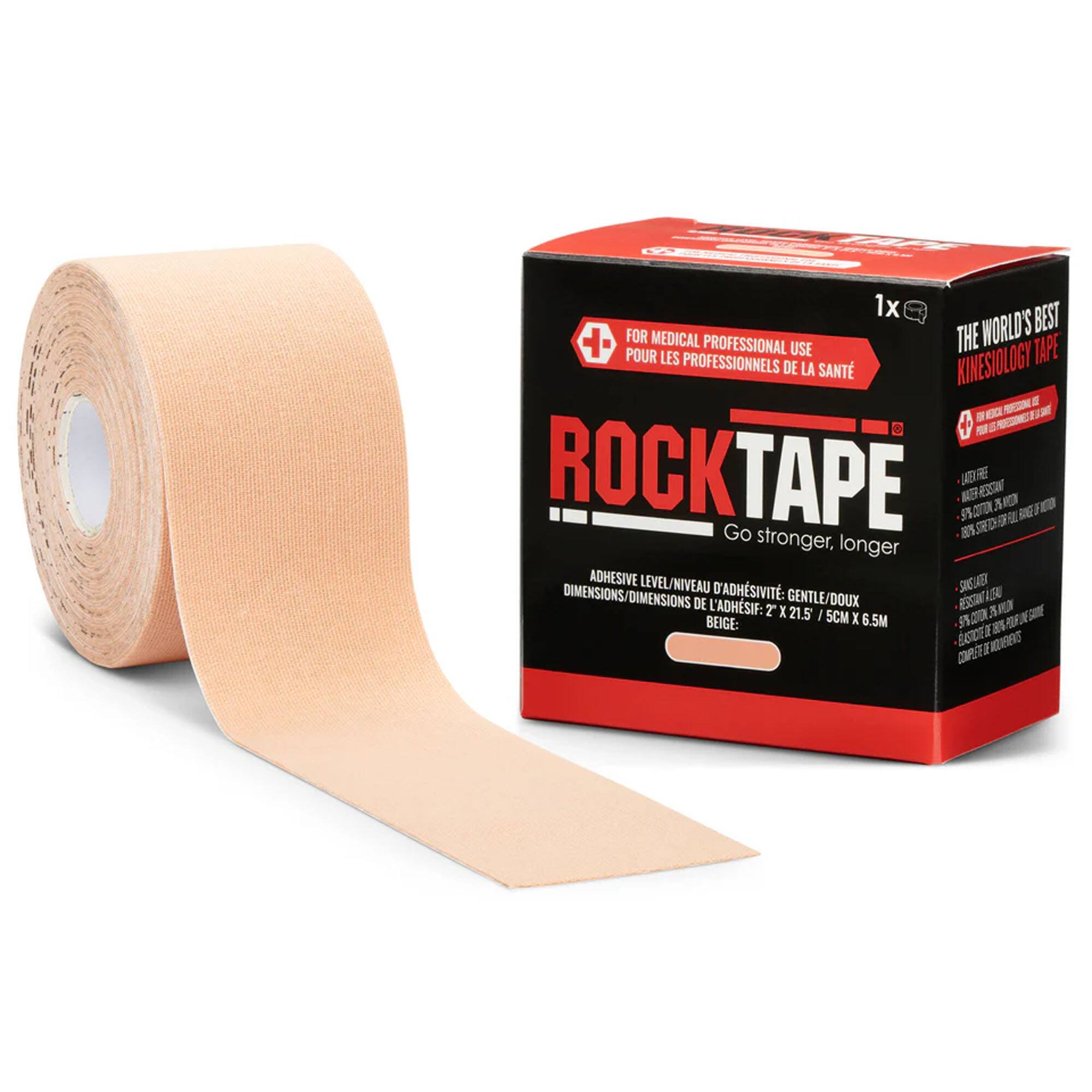 M 1x BEST + FOR MEDICAL PROFESSIONAL THE WORLD'S TAPE POUR USE LES PROFESSIONNELS KINESIOLOGY DE LA SANTÉ 100% ROCKTAPE Go stronger, longer ADHESIVE LEVEL/NIVEAU D'ADHÉSIVITÉ: GENTLE/DOUX DIMENSIONS/DIMENSIONS DE L'ADHÉSIF: 2" X 21.5" / 5CM X 6.5M BEIGE: 6.5M