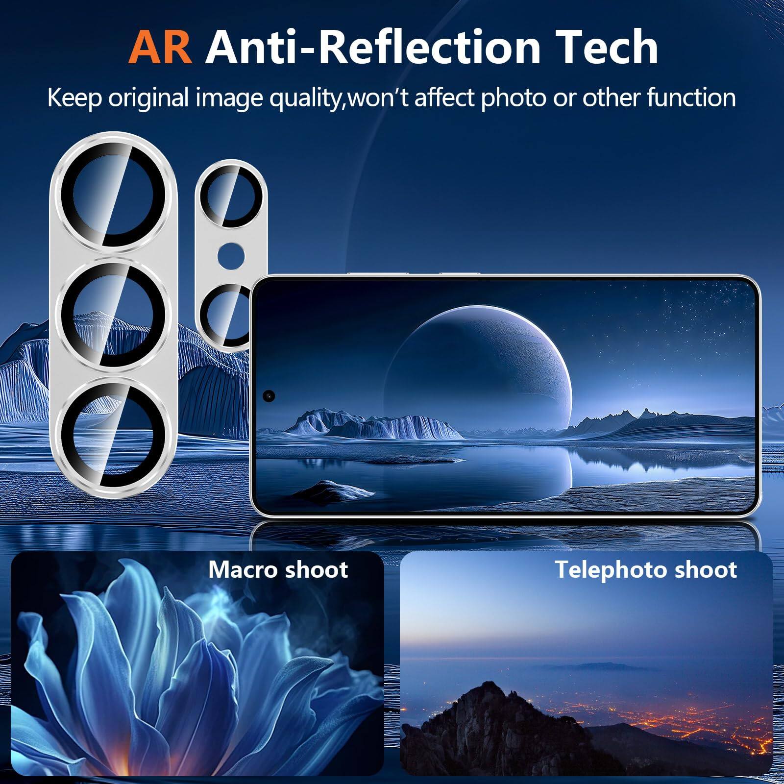 AR Anti-Reflection Tech  
Keep original image quality, won't affect photo or other function  

Macro shoot  
Telephoto shoot