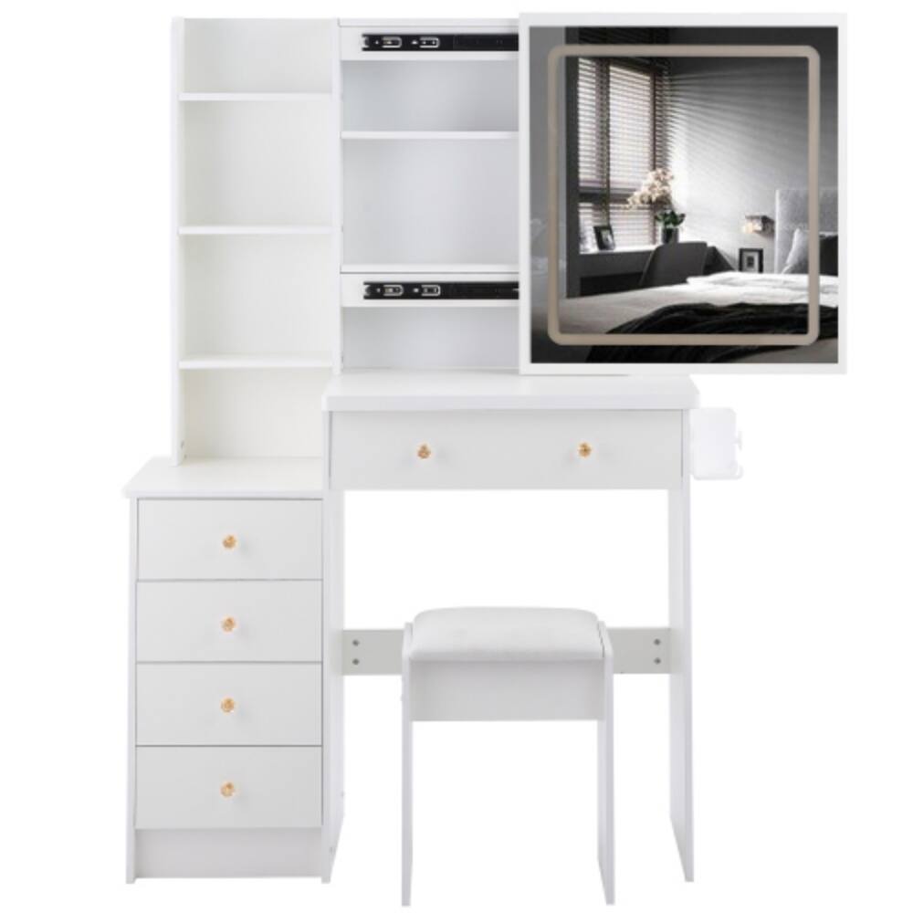Alt View 2. LUCKY ONE - 37in Vanity Set with Touch Control LED Sliding Mirror, 2AC+2USB, Hair Dryer Stand and Stool - White.