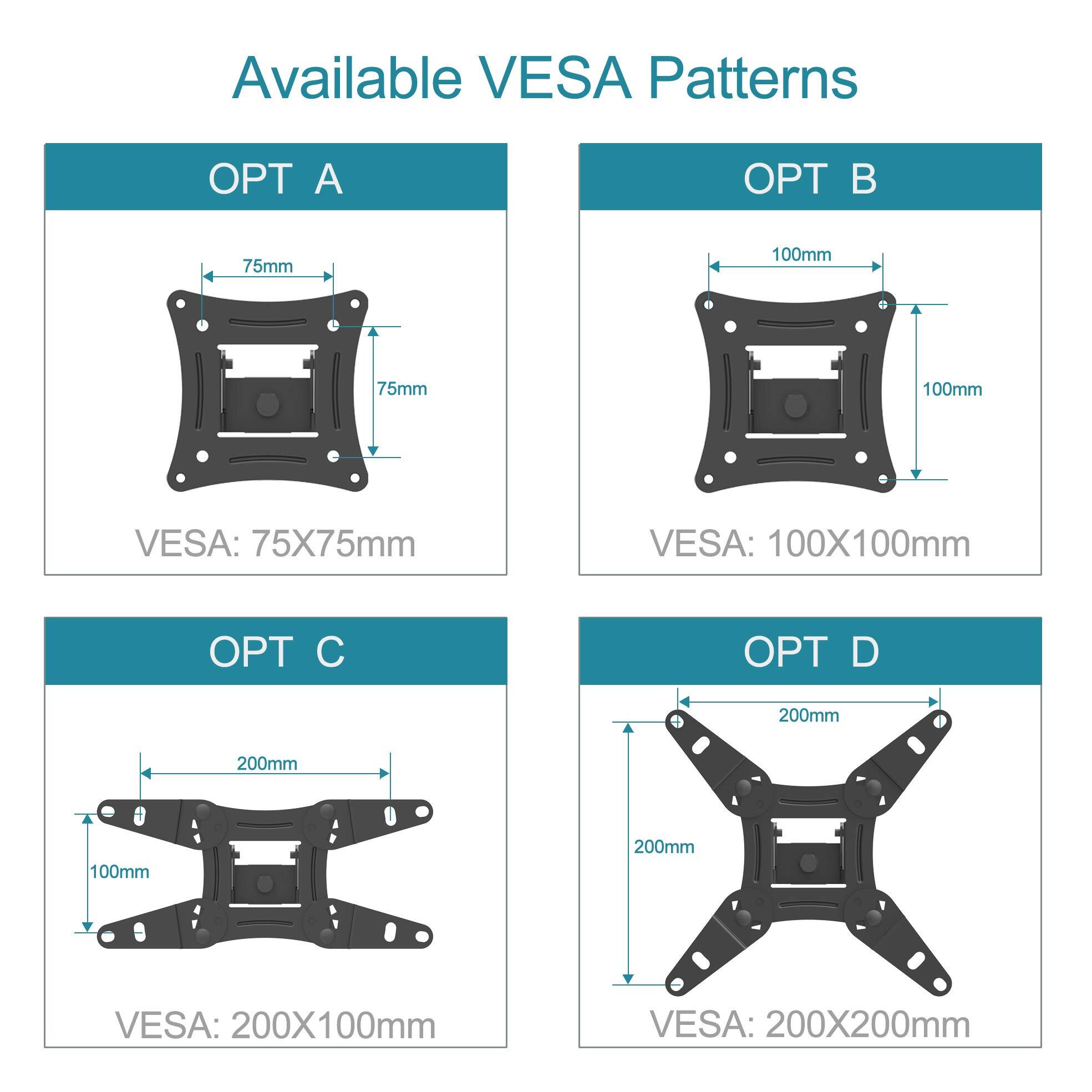 Available VESA Patterns

OPT A  
VESA: 75X75mm

OPT B  
VESA: 100X100mm

OPT C  
VESA: 200X100mm

OPT D  
VESA: 200X200mm