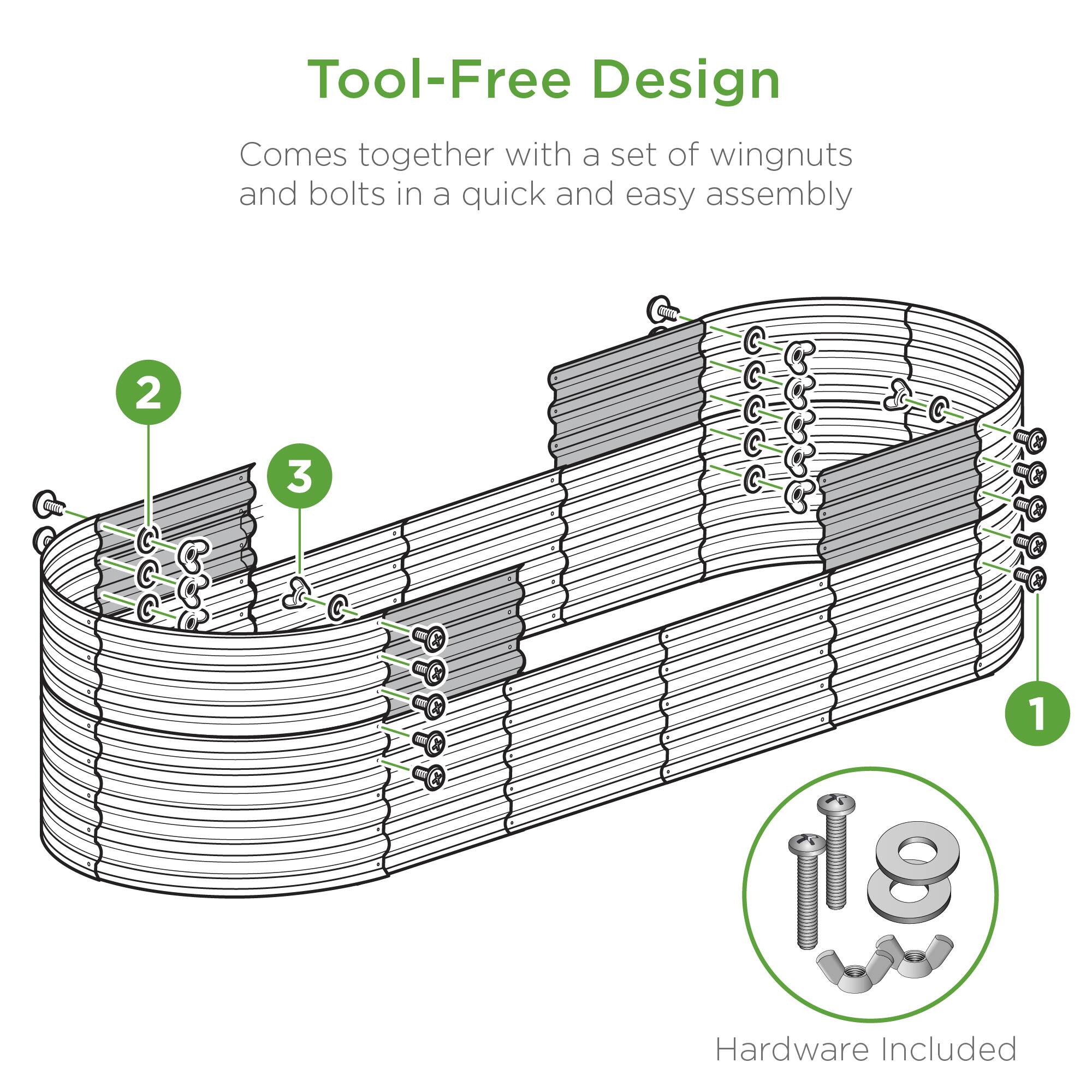 Tool-Free Design  
Comes together with a set of wingnuts and bolts in a quick and easy assembly  

1  
2  
3  

Hardware Included