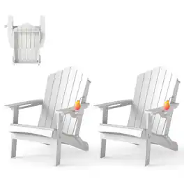 Gymax - 2PCS Patio Folding Adirondack Chair Weather Resistant Cup Holder Yard - White