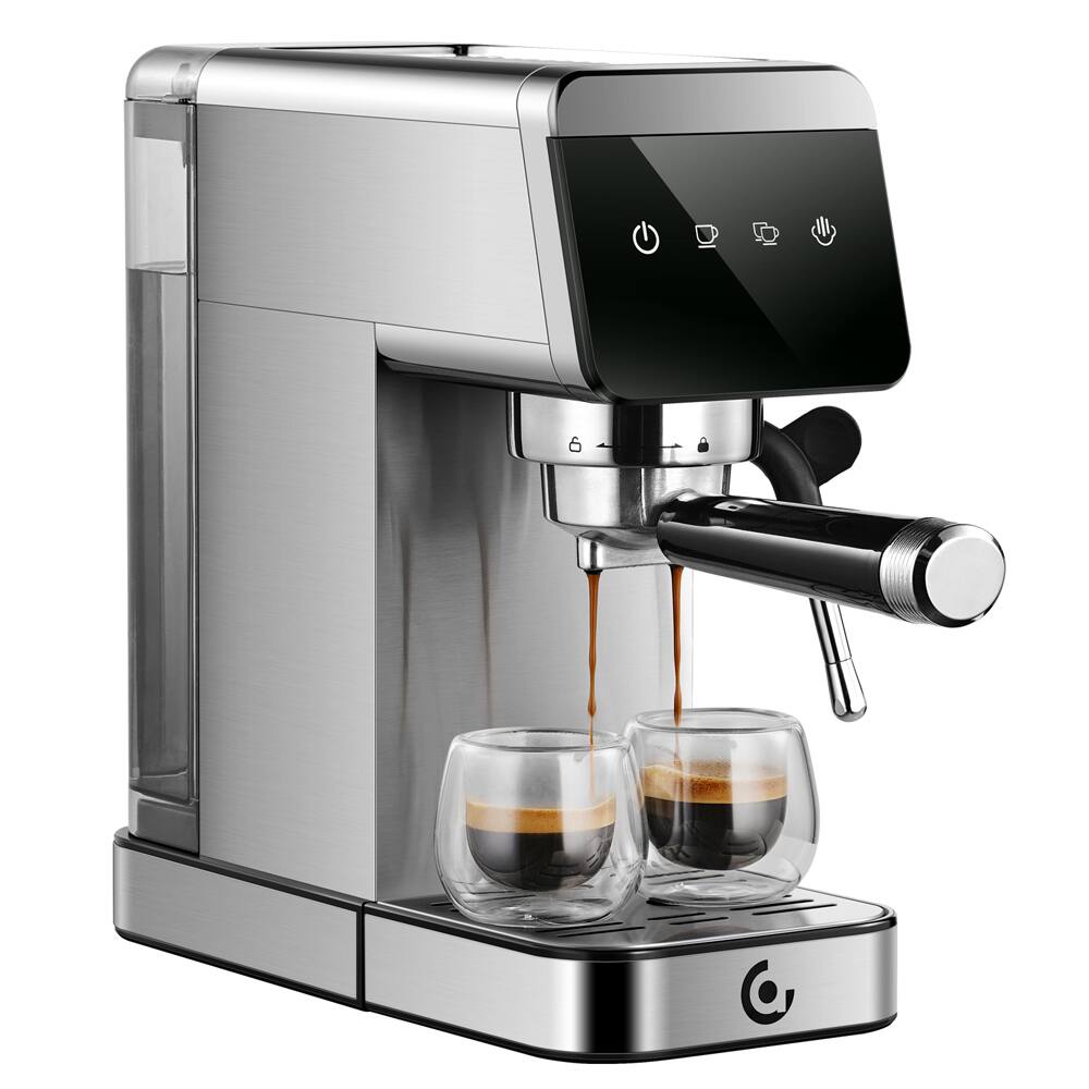 Left. AMZCHEF - Espresso Machine with 20 Bar Pump 1.2L Water Tank 1 Shot and 2 Shot Brewing 1350W Coffee Maker for Cappuccino and Latte - Silver.