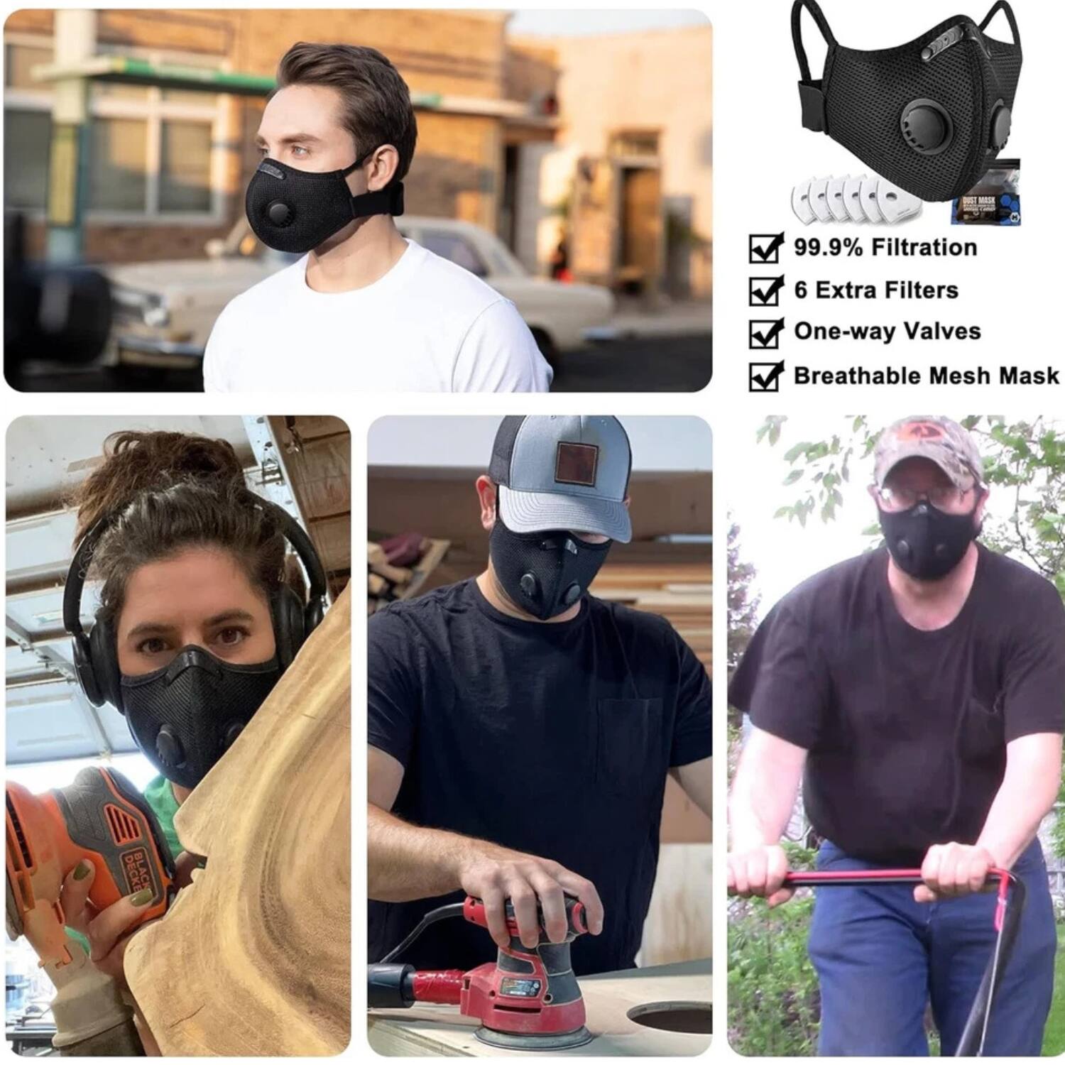 - 99.9% Filtration
- 6 Extra Filters
- One-way Valves
- Breathable Mesh Mask