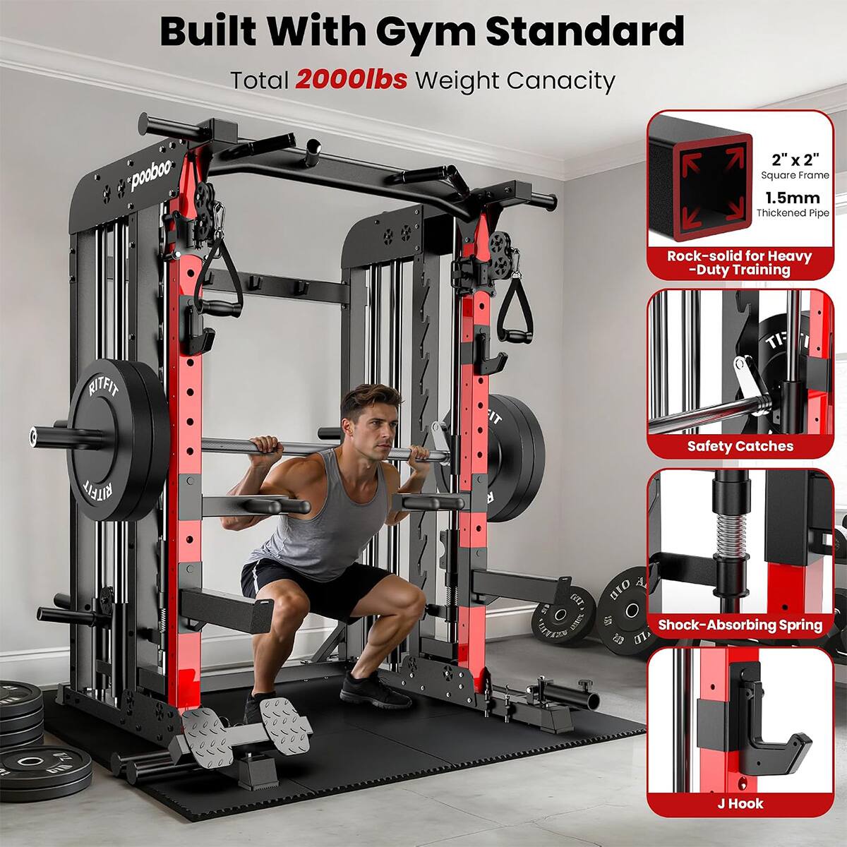 Built With Gym Standard  
Total 2000lbs Weight Capacity  

2"x2" Square Frame 1.5mm Thickened Pipe  
Rock-solid for Heavy-Duty Training  

Safety Catches  

Shock-Absorbing Spring  

J Hook