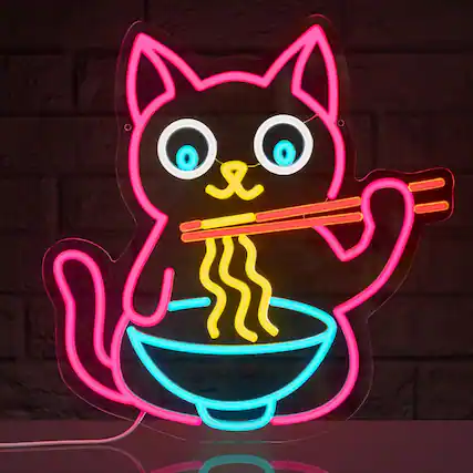 Front. Auledio - Ramen Cat Neon Sign for Wall Decor, Cute Cat Neon Sign Ramen LED Signs - Multicolor.