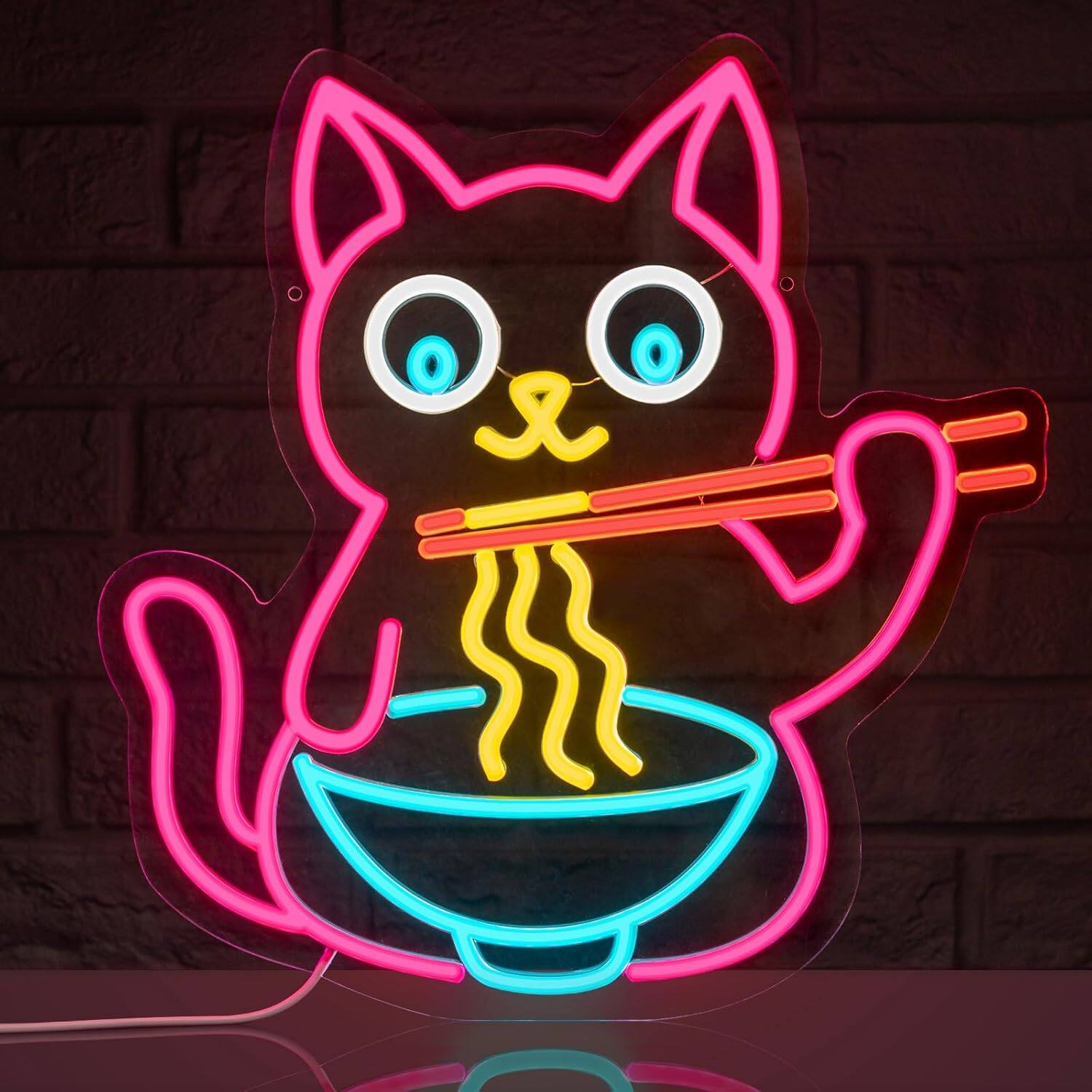 Front. Auledio - Ramen Cat Neon Sign for Wall Decor, Cute Cat Neon Sign Ramen LED Signs - Multicolor.