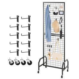 VEVOR - Grid Wall Panel, 1.9 x 5.4 ft Wire Grid Panels Display Rack, Movable Art Display Shelf with Wheels and 10 Hooks - Black