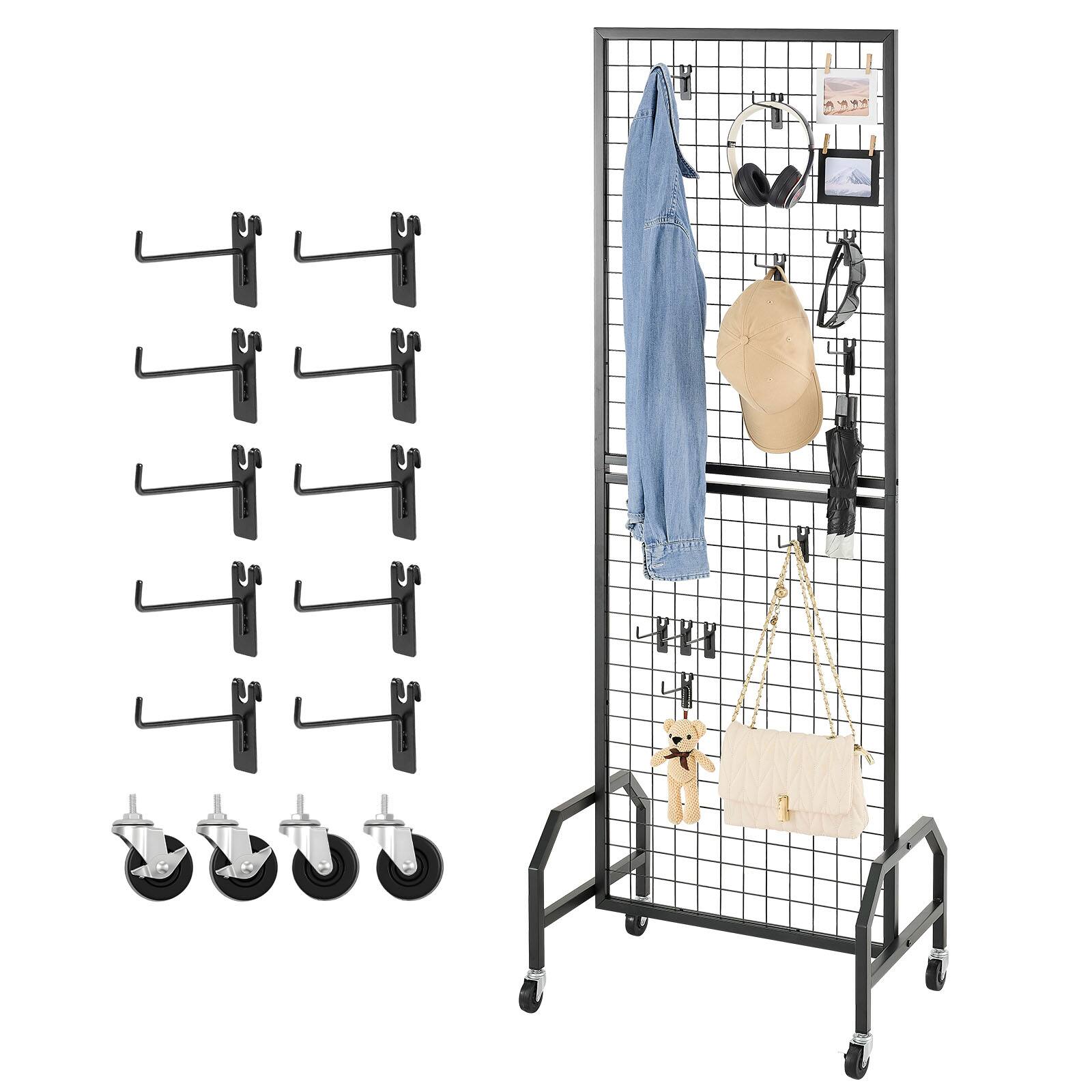 Front. VEVOR - Grid Wall Panel, 1.9 x 5.4 ft Wire Grid Panels Display Rack, Movable Art Display Shelf with Wheels and 10 Hooks - Black.