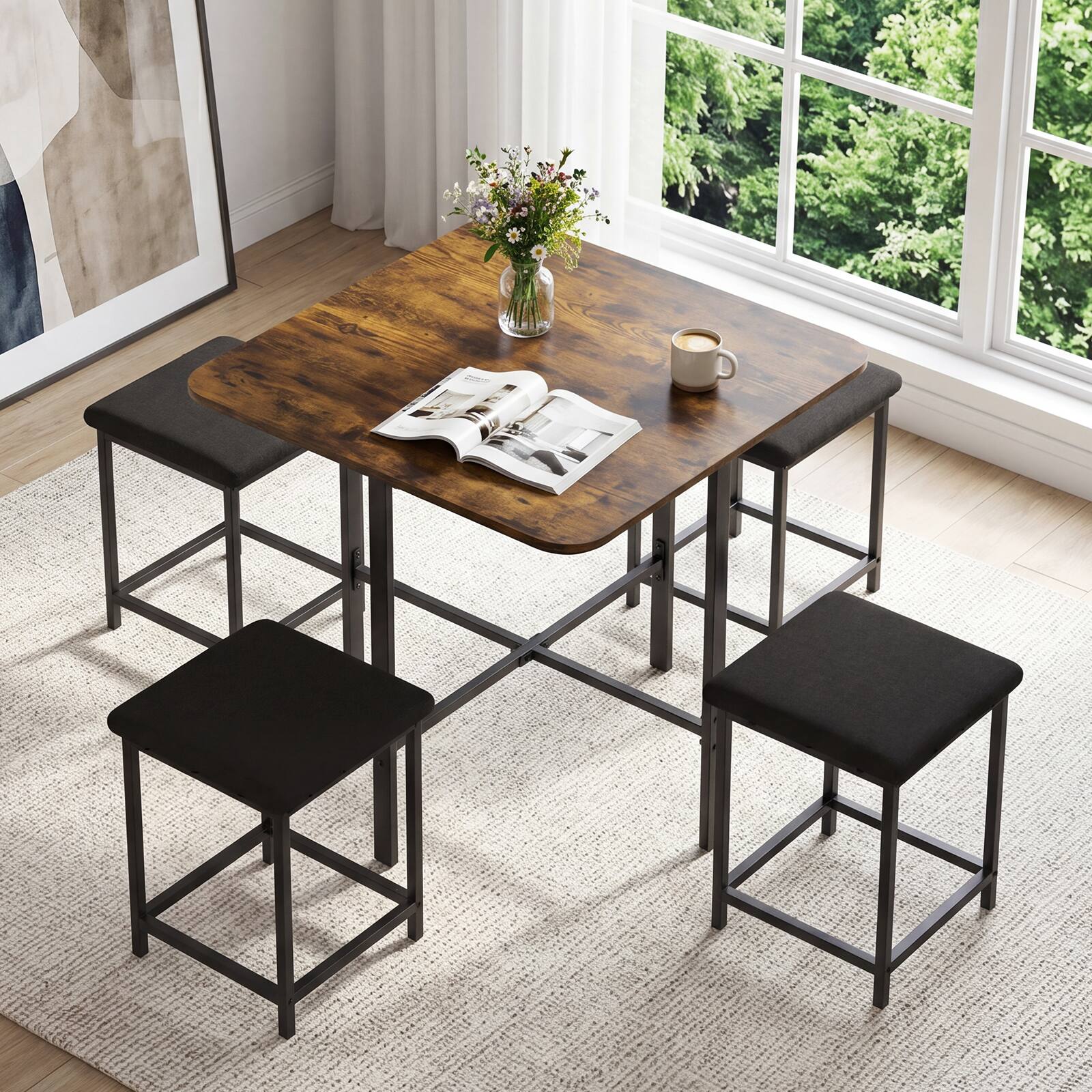 Alt View 3. Gymax - Gymax Kitchen Table w/4 Upholstered Stools Kitchen Dining Set w/Footrests Metal Frame Rustic Brown & Black - Brown.