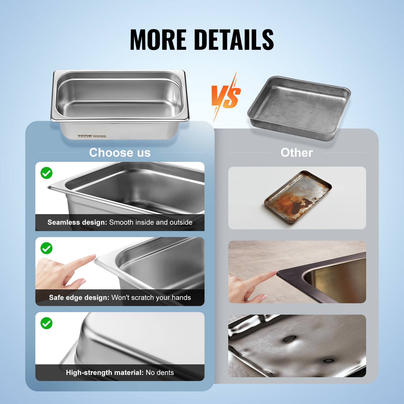 MORE DETAILS

Choose us

- Seamless design: Smooth inside and outside
- Safe edge design: Won't scratch your hands
- High-strength material: No dents

vs

Other