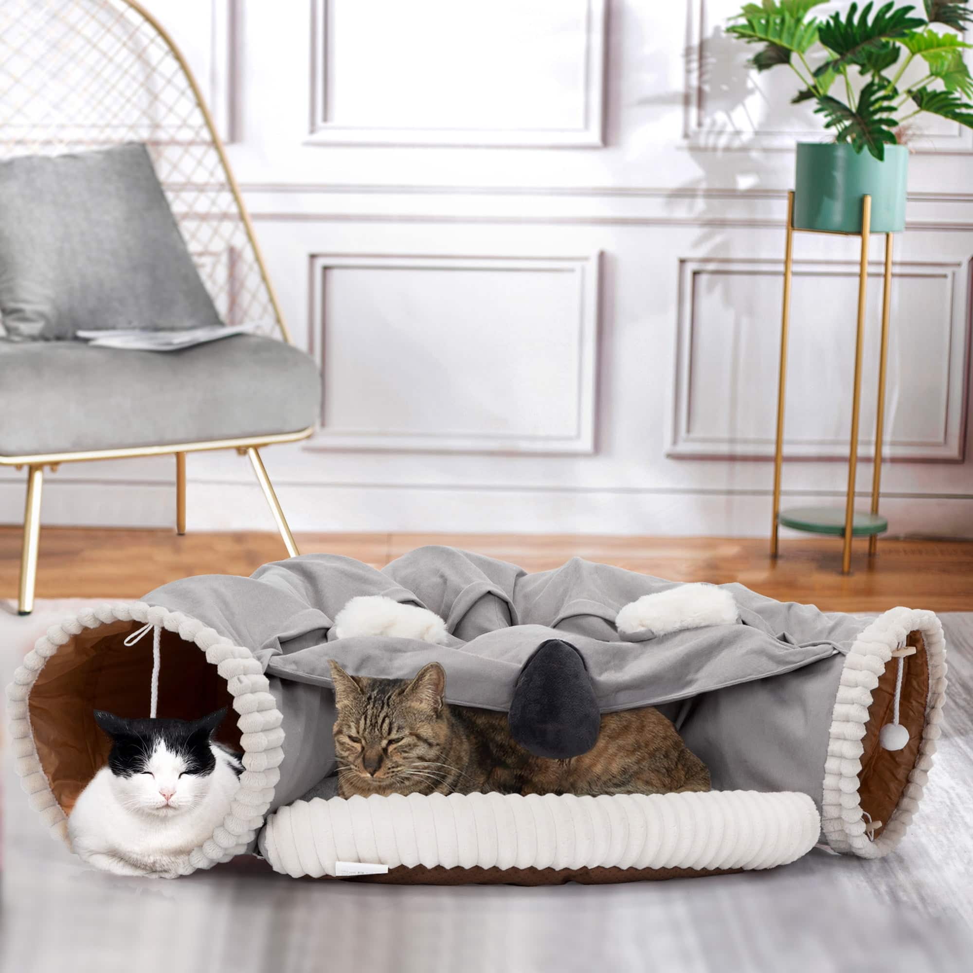 Pefilos - 49" Large Cat Tunnel Bed for Indoor, Cat Tube with Collapsible Washable Cat Bed, Cat Toys for Small Medium Kitty City - Gray