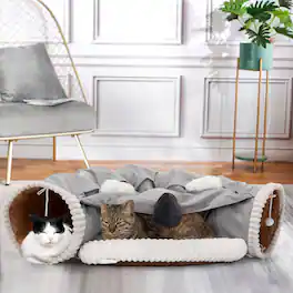 Pefilos - 49" Large Cat Tunnel Bed for Indoor, Cat Tube with Collapsible Washable Cat Bed, Cat Toys for Small Medium Kitty City - Gray