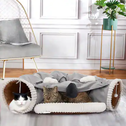 Front. Pefilos - 49" Large Cat Tunnel Bed for Indoor, Cat Tube with Collapsible Washable Cat Bed, Cat Toys for Small Medium Kitty City - Gray.