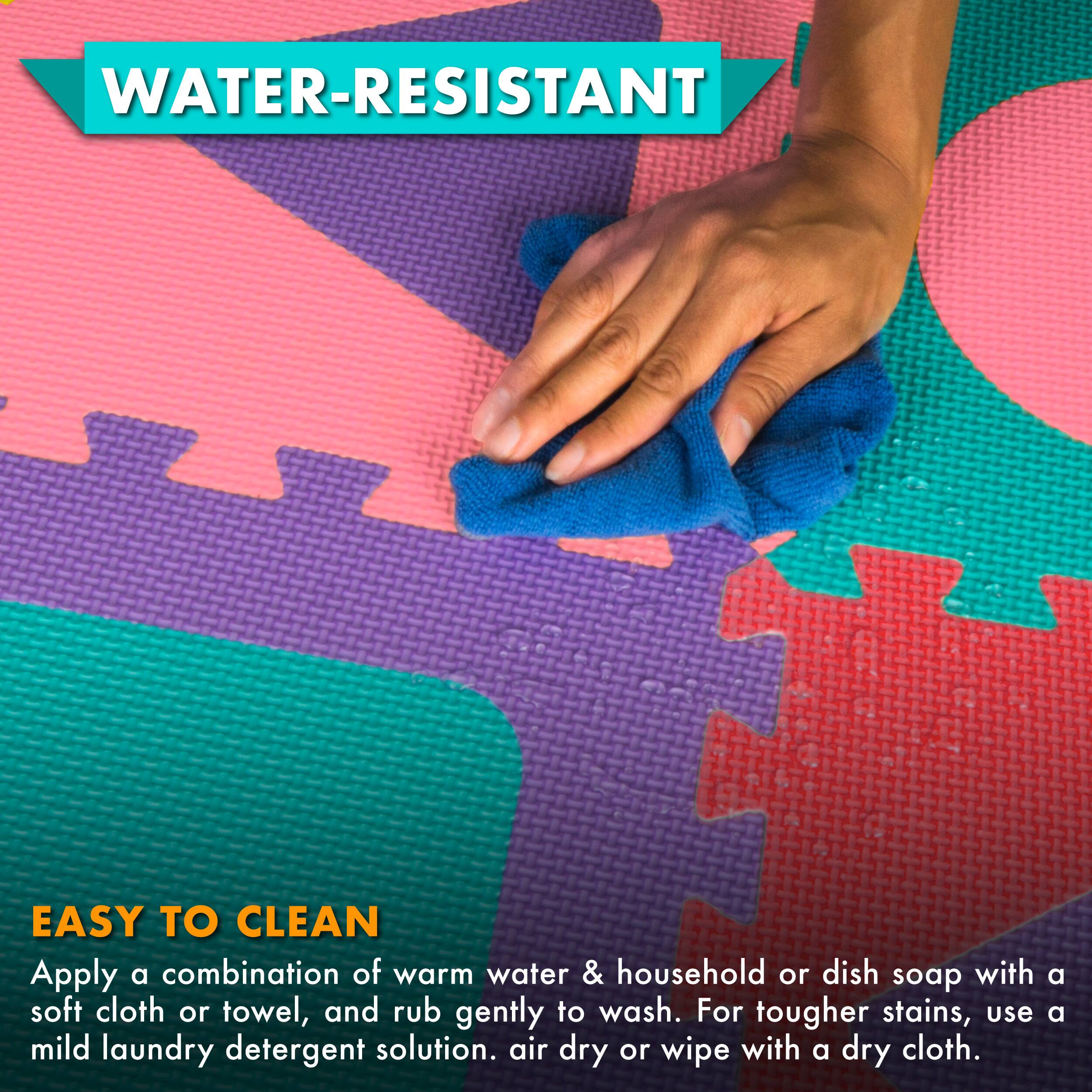 **WATER-RESISTANT**

**EASY TO CLEAN**

Apply a combination of warm water & household or dish soap with a soft cloth or towel, and rub gently to wash. For tougher stains, use a mild laundry detergent solution. Air dry or wipe with a dry cloth.