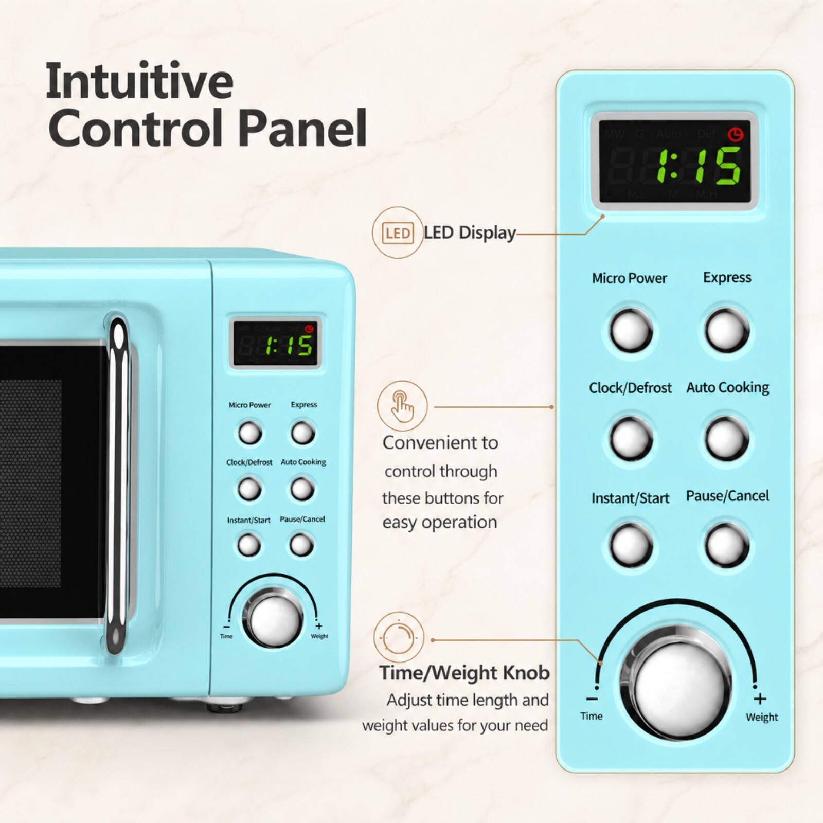 Intuitive Control Panel

LED Display

Micro Power Express

Clock/Defrost Auto Cooking

Instant/Start Pause/Cancel

Convenient to control through these buttons for easy operation

Time/Weight Knob

Adjust time length and weight values for your need